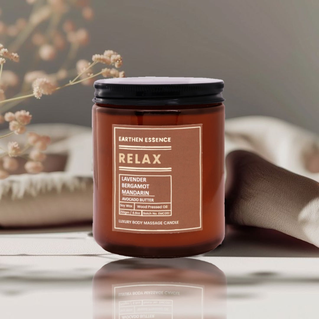 Organic Massage Candle RELAX | Luxurious and Nourishing Massage Serum Candle | Soy Wax Candle | with Pure Wood Pressed Jojoba Oil, Pure essential oil Lavender, Bergamot and Mandarin & Avacado butter | 250 gm