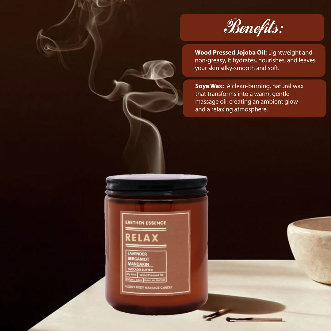 Organic Massage Candle RELAX | Luxurious and Nourishing Massage Serum Candle | Soy Wax Candle | with Pure Wood Pressed Jojoba Oil, Pure essential oil Lavender, Bergamot and Mandarin & Avacado butter | 250 gm