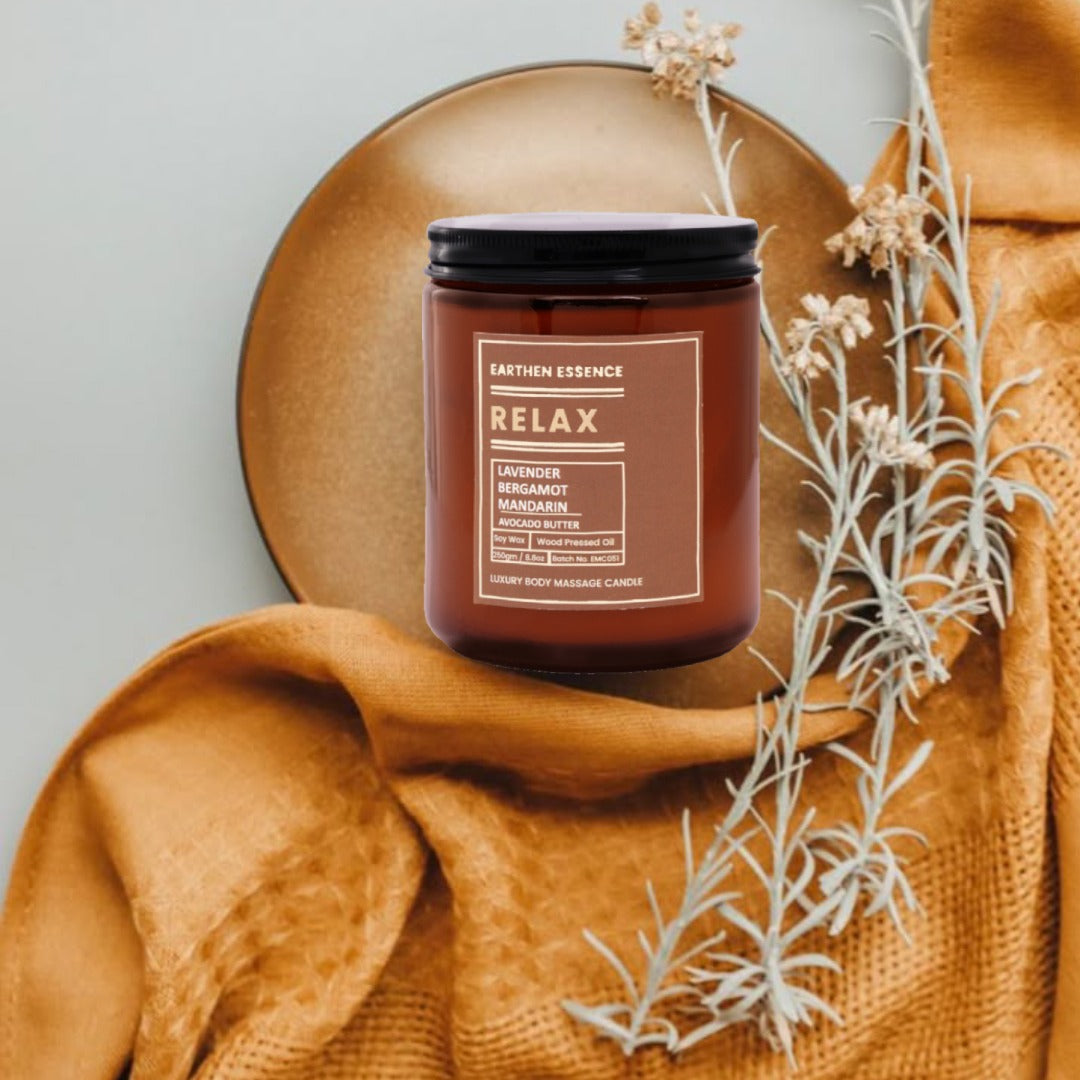 Organic Massage Candle RELAX | Luxurious and Nourishing Massage Serum Candle | Soy Wax Candle | with Pure Wood Pressed Jojoba Oil, Pure essential oil Lavender, Bergamot and Mandarin & Avacado butter | 250 gm
