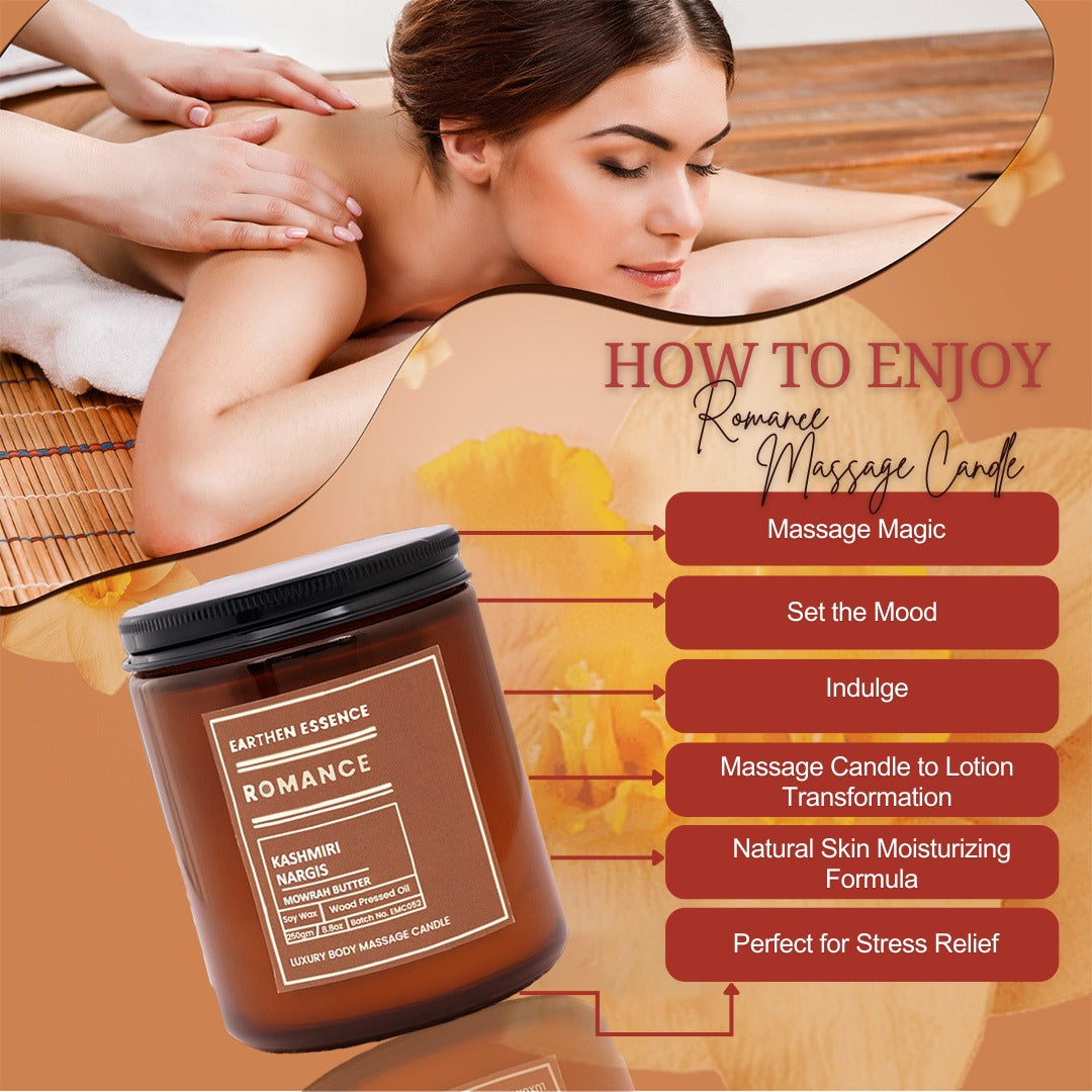 Organic Massage Candle ROMANCE | Luxurious and Nourishing Massage Serum Candle | With Pure Soy Wax Candle, Wood Pressed Jojoba Oil, Kashmiri Nargis & Mowrah Butter | 250 gm