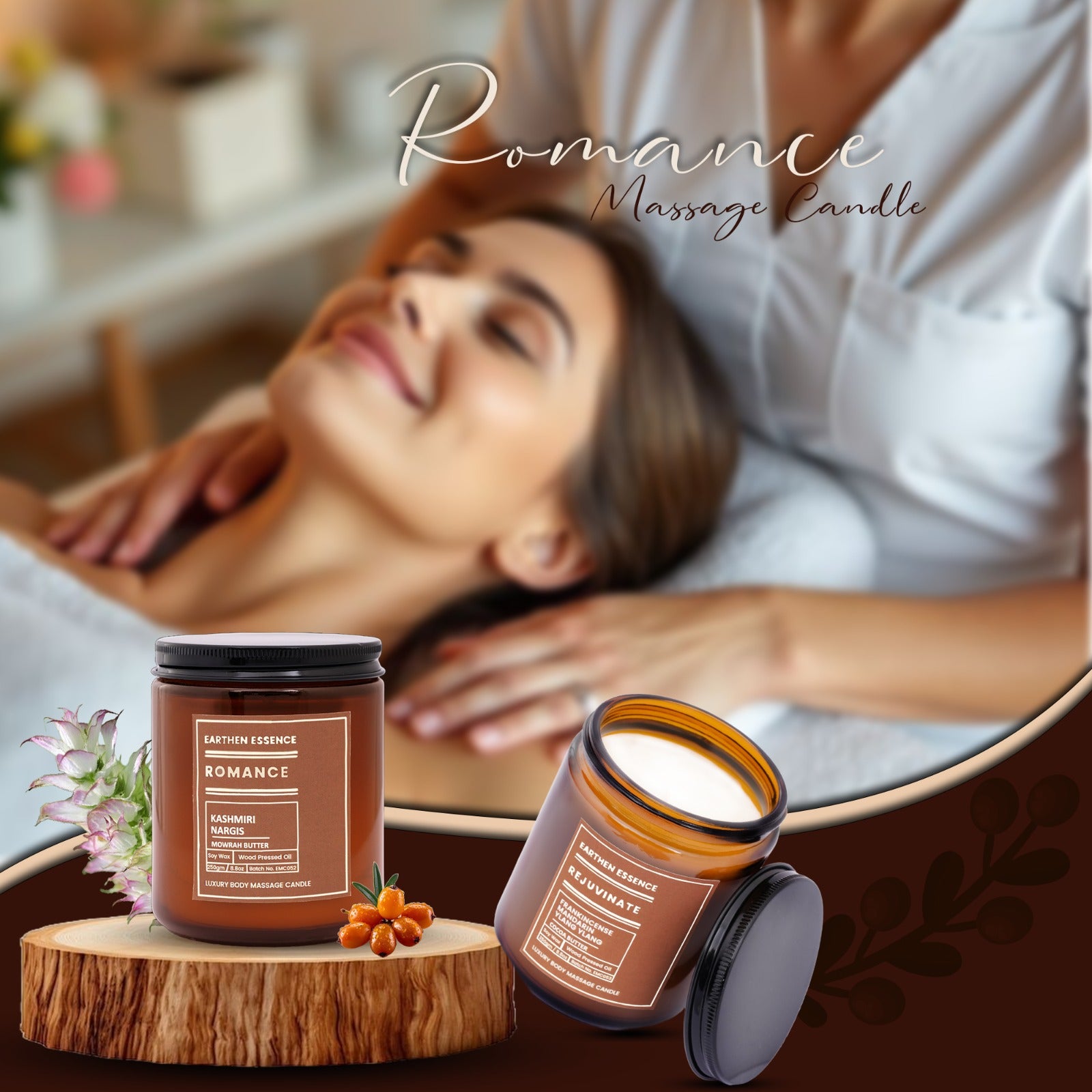 Organic Massage Candle ROMANCE | Luxurious and Nourishing Massage Serum Candle | With Pure Soy Wax Candle, Wood Pressed Jojoba Oil, Kashmiri Nargis & Mowrah Butter | 250 gm