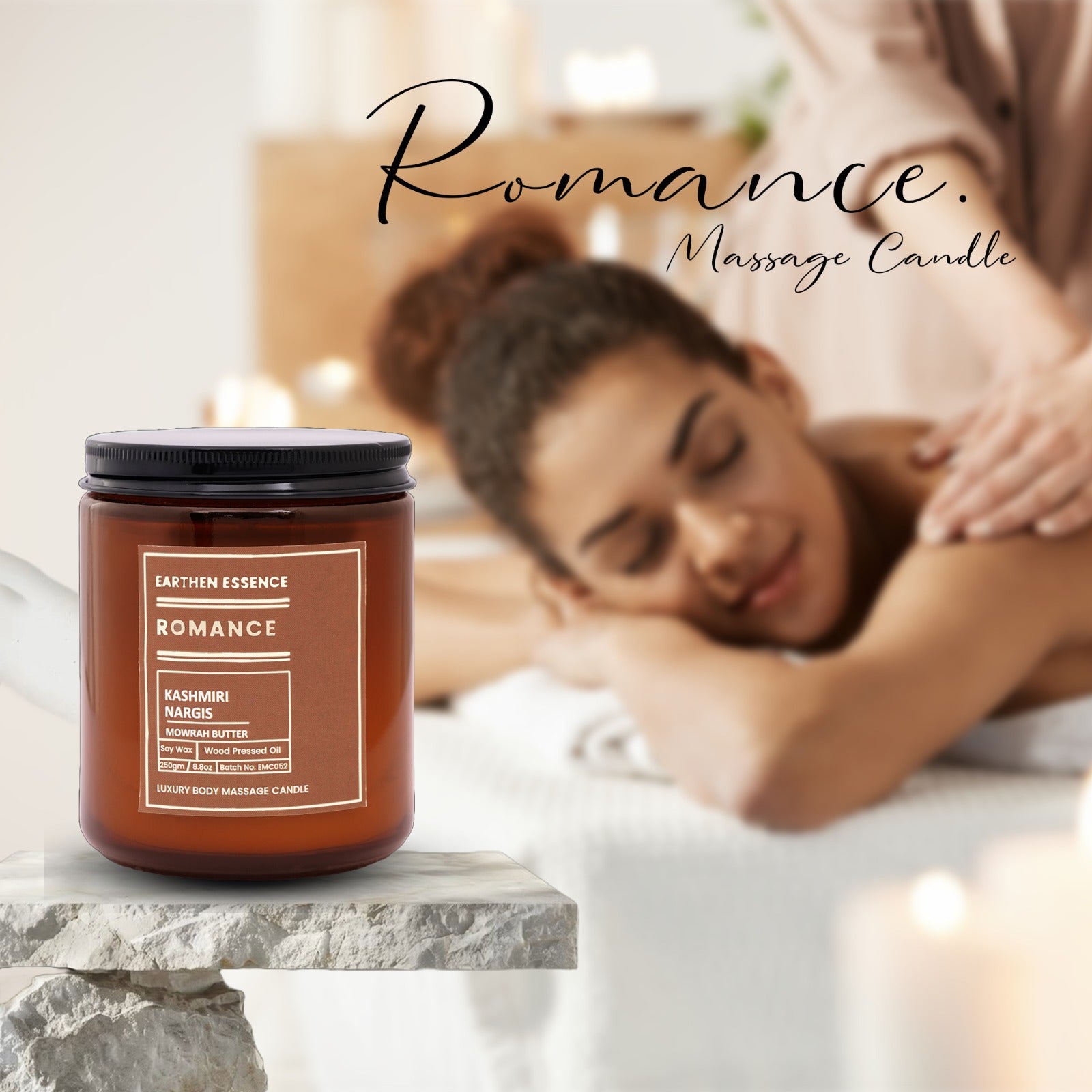 Organic Massage Candle ROMANCE | Luxurious and Nourishing Massage Serum Candle | With Pure Soy Wax Candle, Wood Pressed Jojoba Oil, Kashmiri Nargis & Mowrah Butter | 250 gm