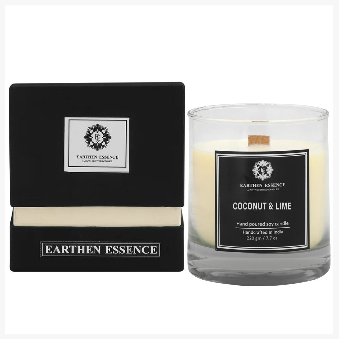 Earthen Essence COCONUT & LIME Luxury Scented Candle | 100% Natural Soy Wax With Wooden Wick | Smokeless & Non-Toxic Candles | 220gm