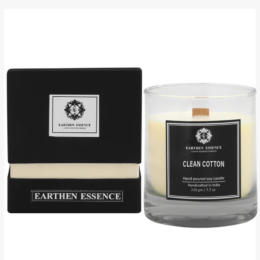 Earthen Essence CLEAN COTTON Luxury Scented Candle | 100% Natural Soy Wax With Wooden Wick | Smokeless & Non-Toxic Candles | 220gm