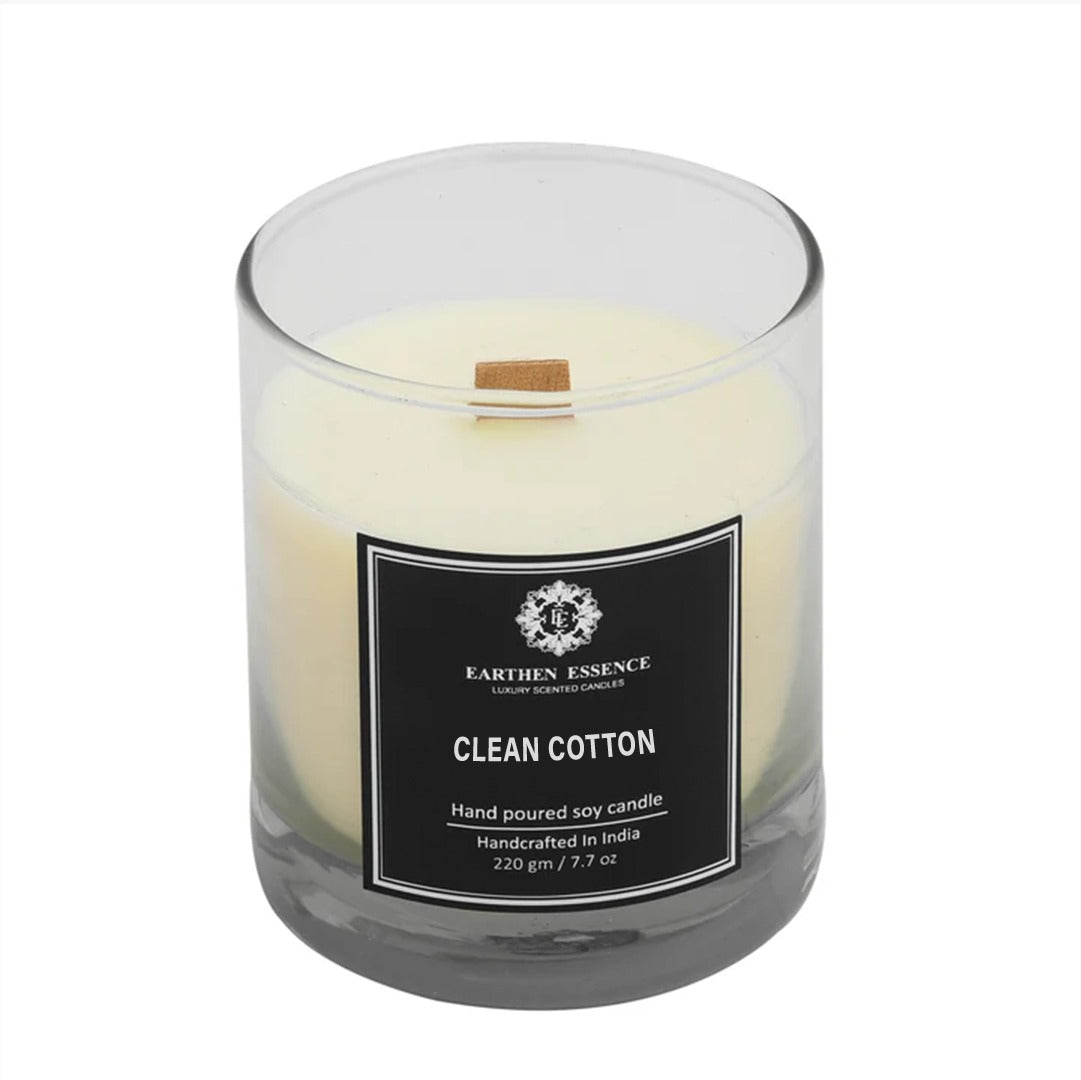Earthen Essence CLEAN COTTON Luxury Scented Candle | 100% Natural Soy Wax With Wooden Wick | Smokeless & Non-Toxic Candles | 220gm