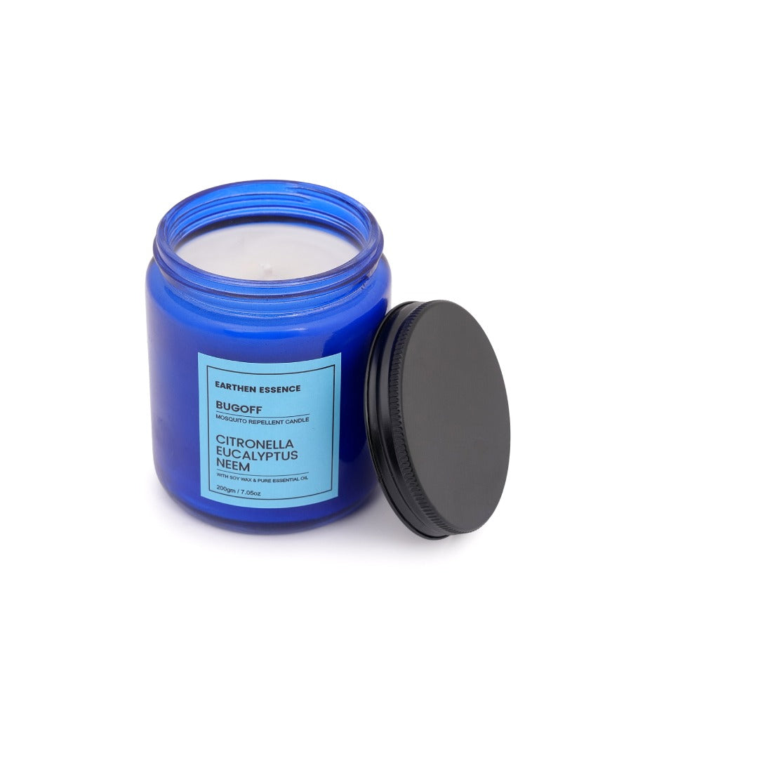 Anti Mosquito Candle BUGOFF | Natural Repellant for Mosquito | With Natural Soy Wax and Pure Essential Oil Citronella, Eucalyptus and Neem | Lead Free German Cotton Wick | 250gm