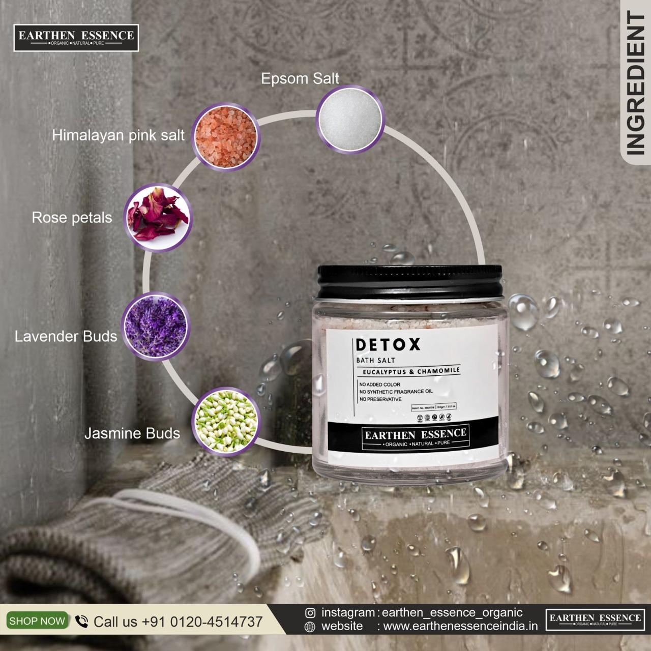 DETOX Bath Salt | with Pure Essential oil EUCALYPTUS & CHAMOMILE | Mix of Epsom Salt, Himalayan Salt, and Sea Salt, Vitamin C & E | for Body & Foot Spa | Calming, Relaxing, Muscle Pain Relief, Aromatherapy | 100gm