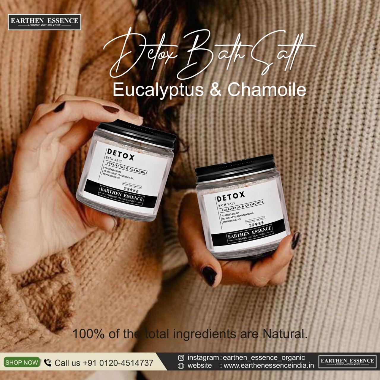 DETOX Bath Salt | with Pure Essential oil EUCALYPTUS & CHAMOMILE | Mix of Epsom Salt, Himalayan Salt, and Sea Salt, Vitamin C & E | for Body & Foot Spa | Calming, Relaxing, Muscle Pain Relief, Aromatherapy | 100gm