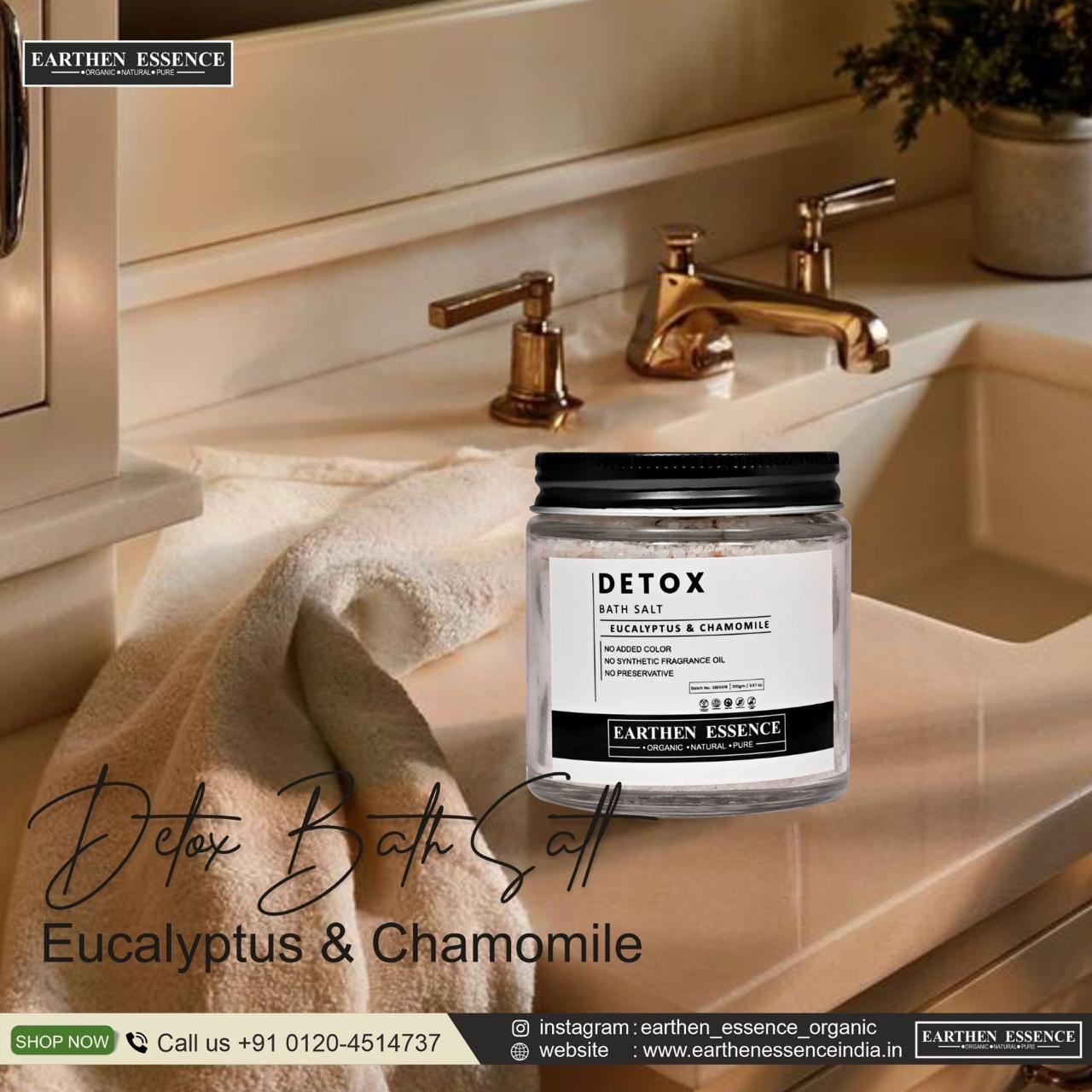 DETOX Bath Salt | with Pure Essential oil EUCALYPTUS & CHAMOMILE | Mix of Epsom Salt, Himalayan Salt, and Sea Salt, Vitamin C & E | for Body & Foot Spa | Calming, Relaxing, Muscle Pain Relief, Aromatherapy | 100gm