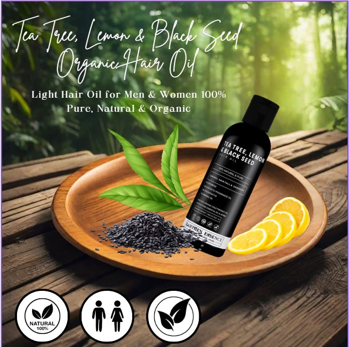 TEA TREE, LEMON and BLACK SEED Organic Hair Oil | for Itchy Scalp, Soothing & Sebum Control | Anti Dandruff & Reduce Hair fall | Light Hair Oil for Men & Women 100% Pure, Natural & Organic | 100ml