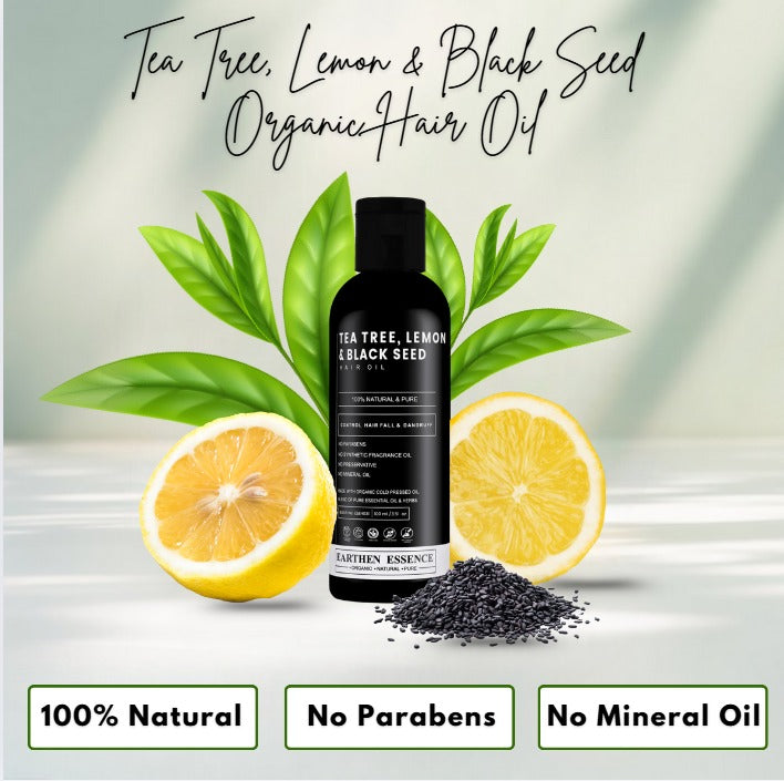 TEA TREE, LEMON and BLACK SEED Organic Hair Oil | for Itchy Scalp, Soothing & Sebum Control | Anti Dandruff & Reduce Hair fall | Light Hair Oil for Men & Women 100% Pure, Natural & Organic | 100ml