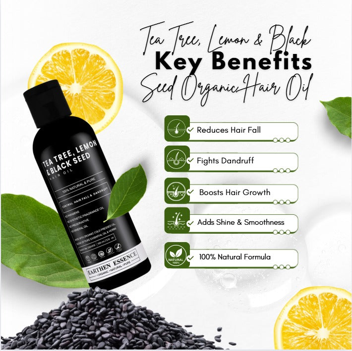 TEA TREE, LEMON and BLACK SEED Organic Hair Oil | for Itchy Scalp, Soothing & Sebum Control | Anti Dandruff & Reduce Hair fall | Light Hair Oil for Men & Women 100% Pure, Natural & Organic | 100ml