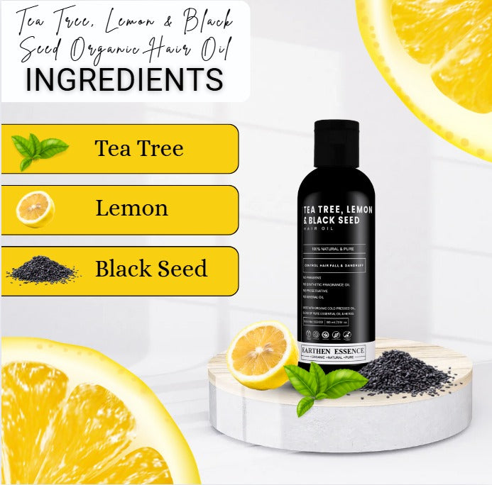 TEA TREE, LEMON and BLACK SEED Organic Hair Oil | for Itchy Scalp, Soothing & Sebum Control | Anti Dandruff & Reduce Hair fall | Light Hair Oil for Men & Women 100% Pure, Natural & Organic | 100ml