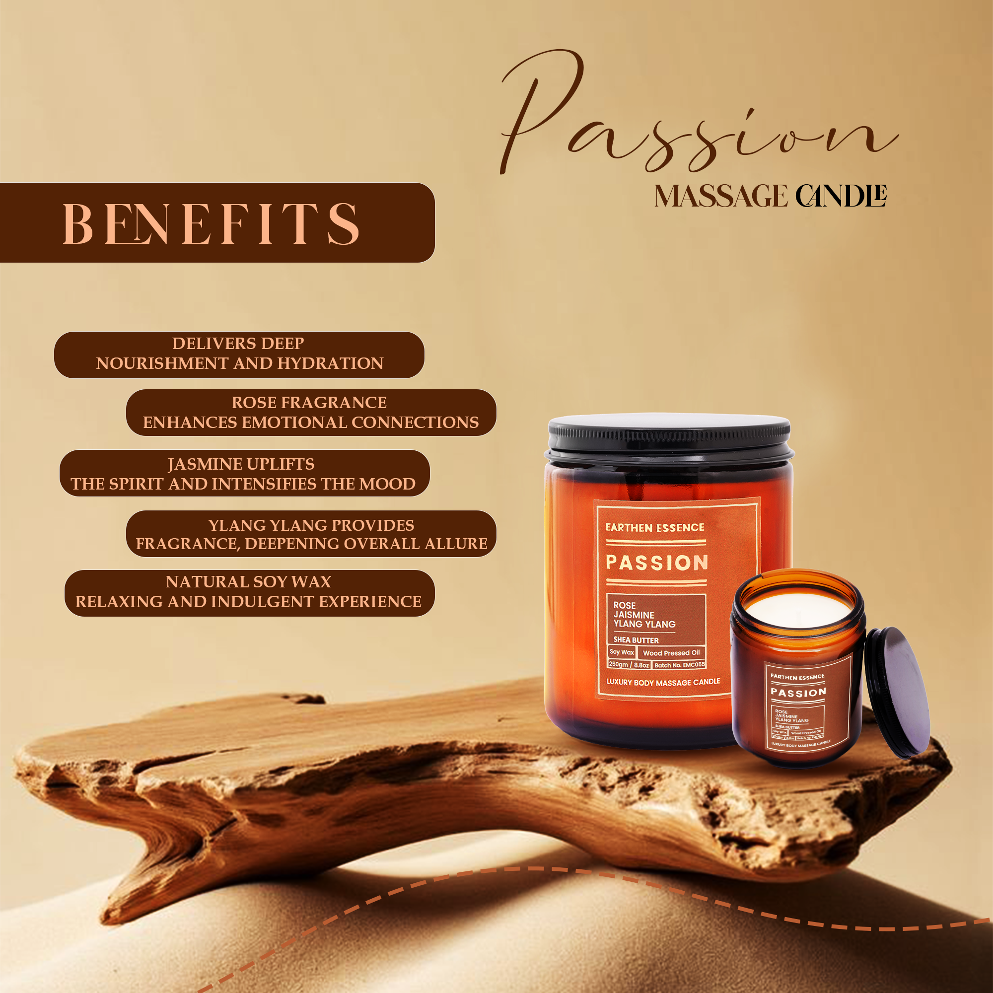 Organic Massage Candle PASSION | Luxurious and Nourishing Massage Serum Candle | With Pure Soy Wax Candle, Wood Pressed Jojoba Oil, Pure essential oil Rose, Jasmine and Ylang Ylang & Shea butter | 250 gm.