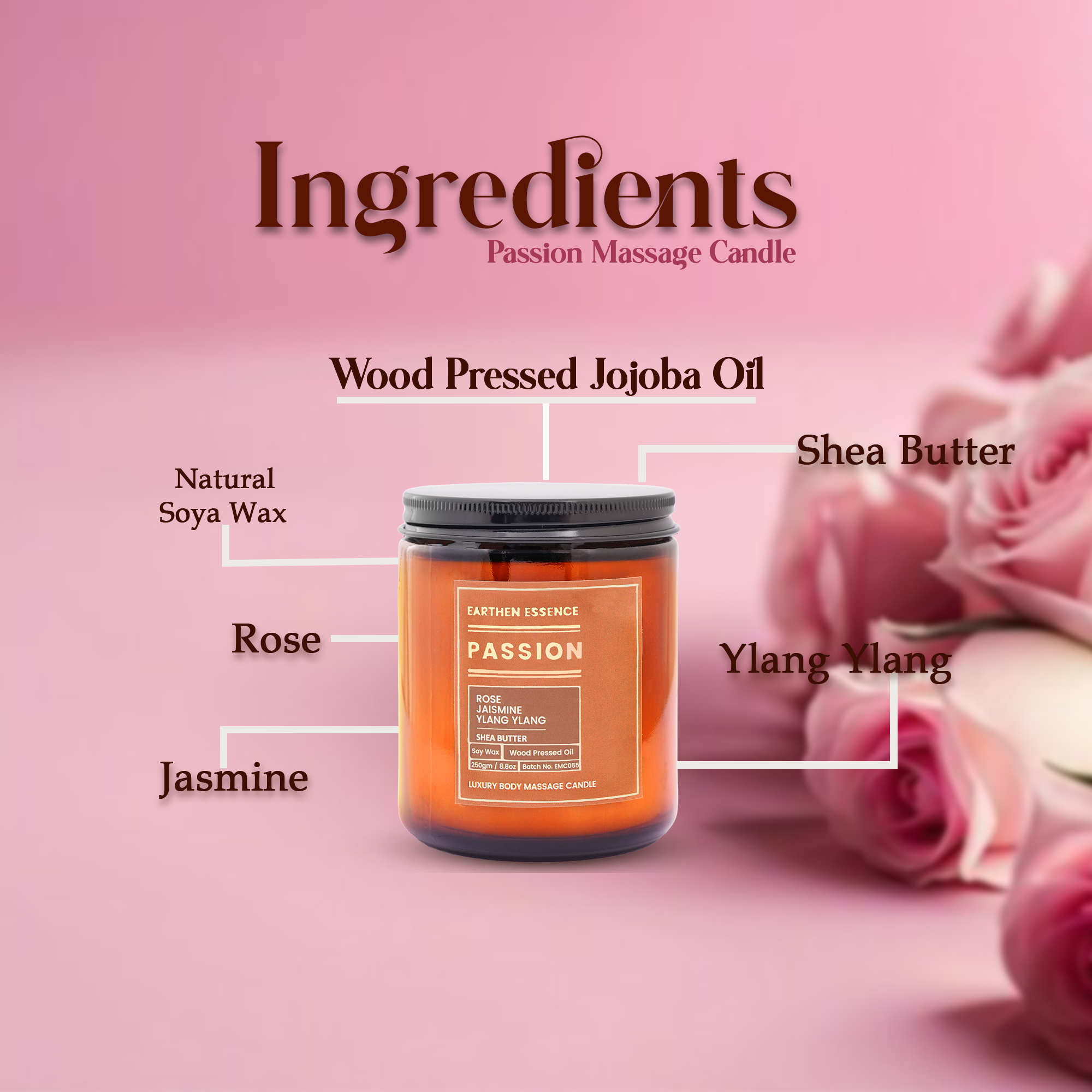 Organic Massage Candle PASSION | Luxurious and Nourishing Massage Serum Candle | With Pure Soy Wax Candle, Wood Pressed Jojoba Oil, Pure essential oil Rose, Jasmine and Ylang Ylang & Shea butter | 250 gm.