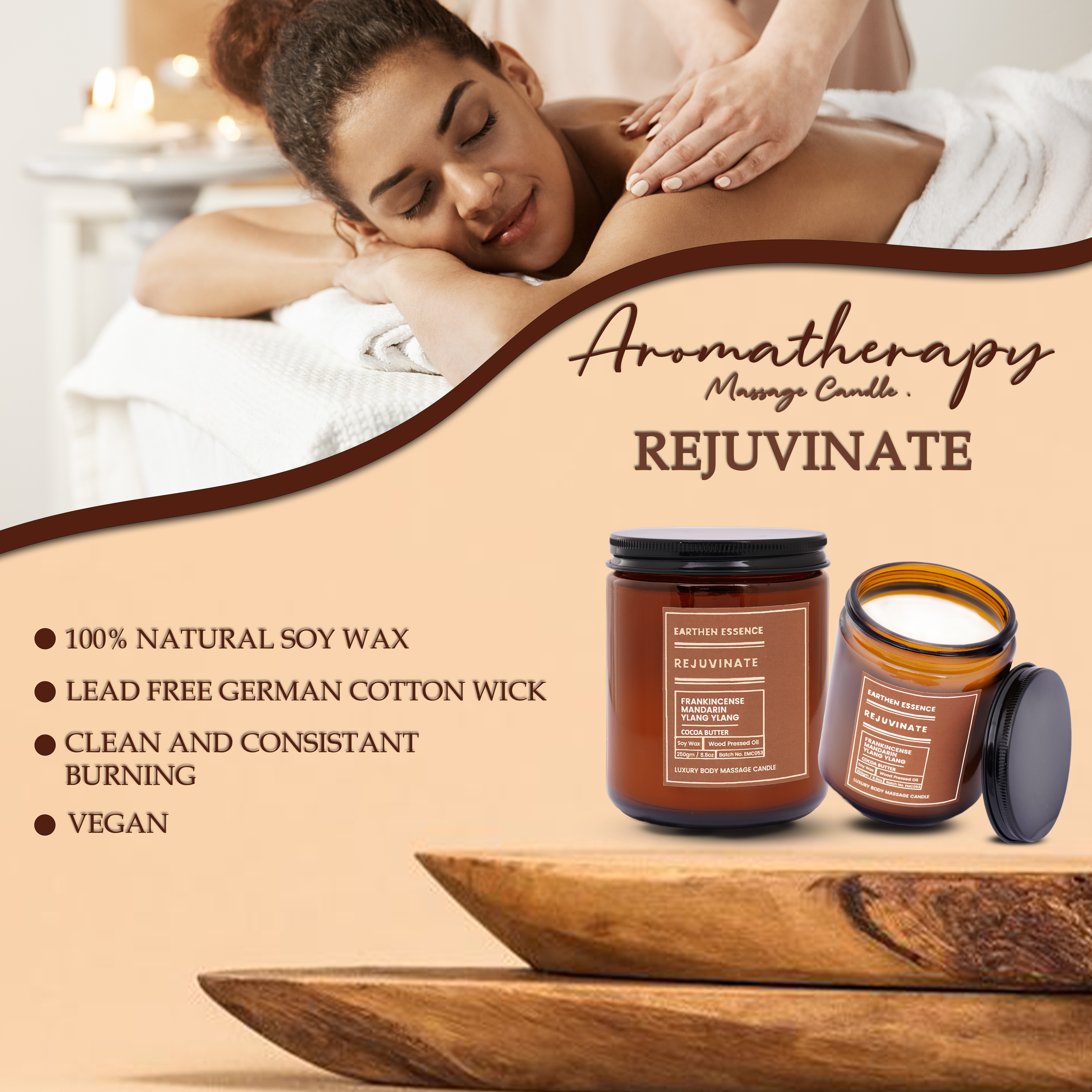 Organic Massage Candle REJUVINATE | Luxurious and Nourishing Massage Serum Candle | With Pure Soy Wax Candle, Wood Pressed Jojoba Oil, Essential oil Frankincense, Mandarin and Ylang Ylang & Shea butter | 250 gm