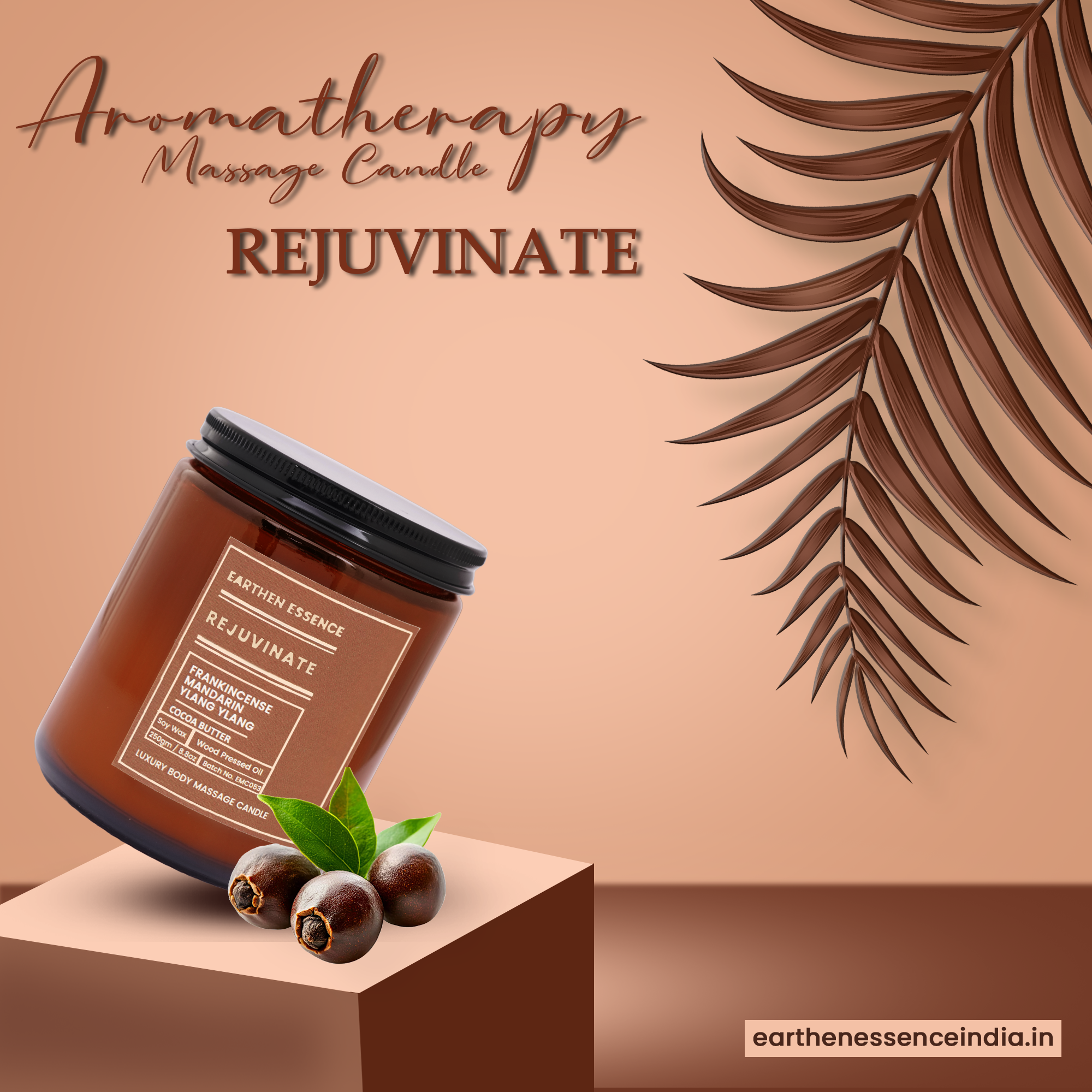 Organic Massage Candle REJUVINATE | Luxurious and Nourishing Massage Serum Candle | With Pure Soy Wax Candle, Wood Pressed Jojoba Oil, Essential oil Frankincense, Mandarin and Ylang Ylang & Shea butter | 250 gm