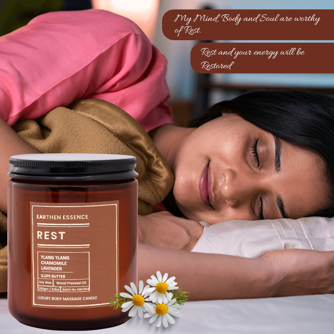 Organic Massage Candle REST | Luxurious and Nourishing Massage Serum Candle | With Pure Soy Wax, Wood Pressed Jojoba Oil, Essential Oil Lavender, Ylang Ylang, Chamomile & Illipe butter| 250 gm.