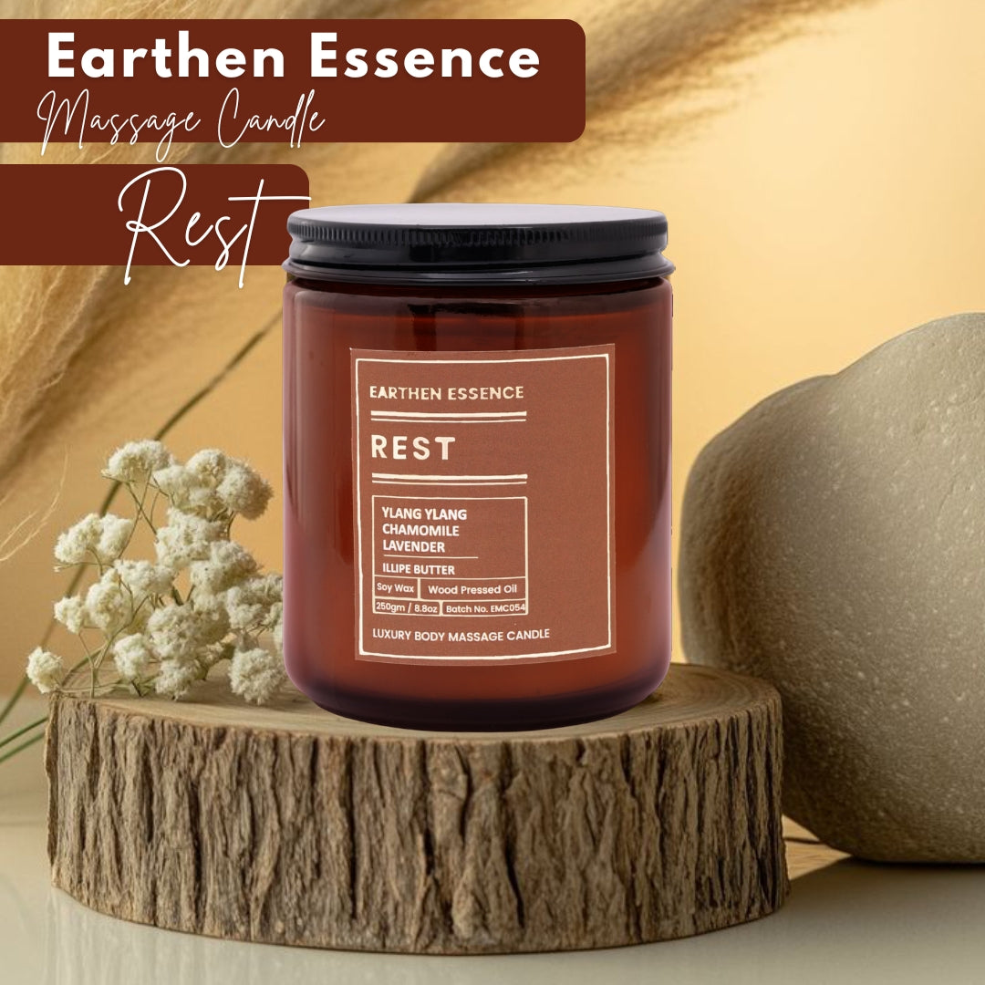 Organic Massage Candle REST | Luxurious and Nourishing Massage Serum Candle | With Pure Soy Wax, Wood Pressed Jojoba Oil, Essential Oil Lavender, Ylang Ylang, Chamomile & Illipe butter| 250 gm.