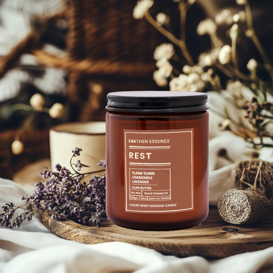Organic Massage Candle REST | Luxurious and Nourishing Massage Serum Candle | With Pure Soy Wax, Wood Pressed Jojoba Oil, Essential Oil Lavender, Ylang Ylang, Chamomile & Illipe butter| 250 gm.