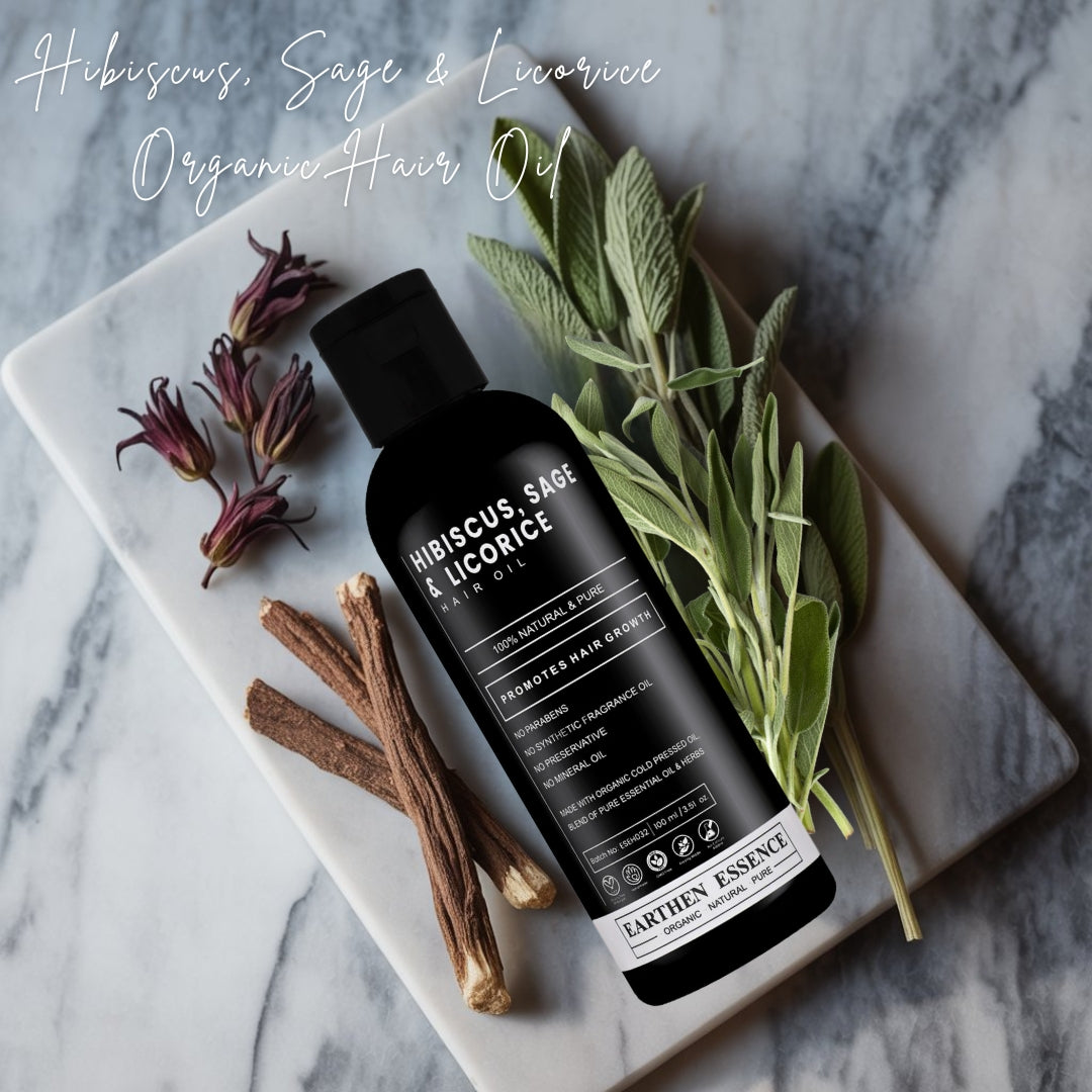 HIBISCUS, SAGE & LICORICE Organic Hair Oil | Hair Oil for Hair growth, Hair fall control, Anti Dandruff & Split ends | Light Hair Oil for Men & Women 100% Pure, Natural & Organic | 100ml