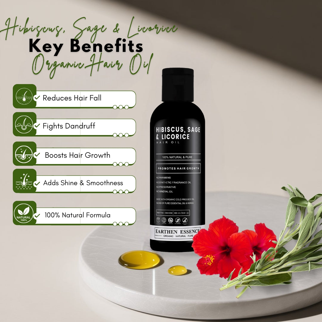 HIBISCUS, SAGE & LICORICE Organic Hair Oil | Hair Oil for Hair growth, Hair fall control, Anti Dandruff & Split ends | Light Hair Oil for Men & Women 100% Pure, Natural & Organic | 100ml