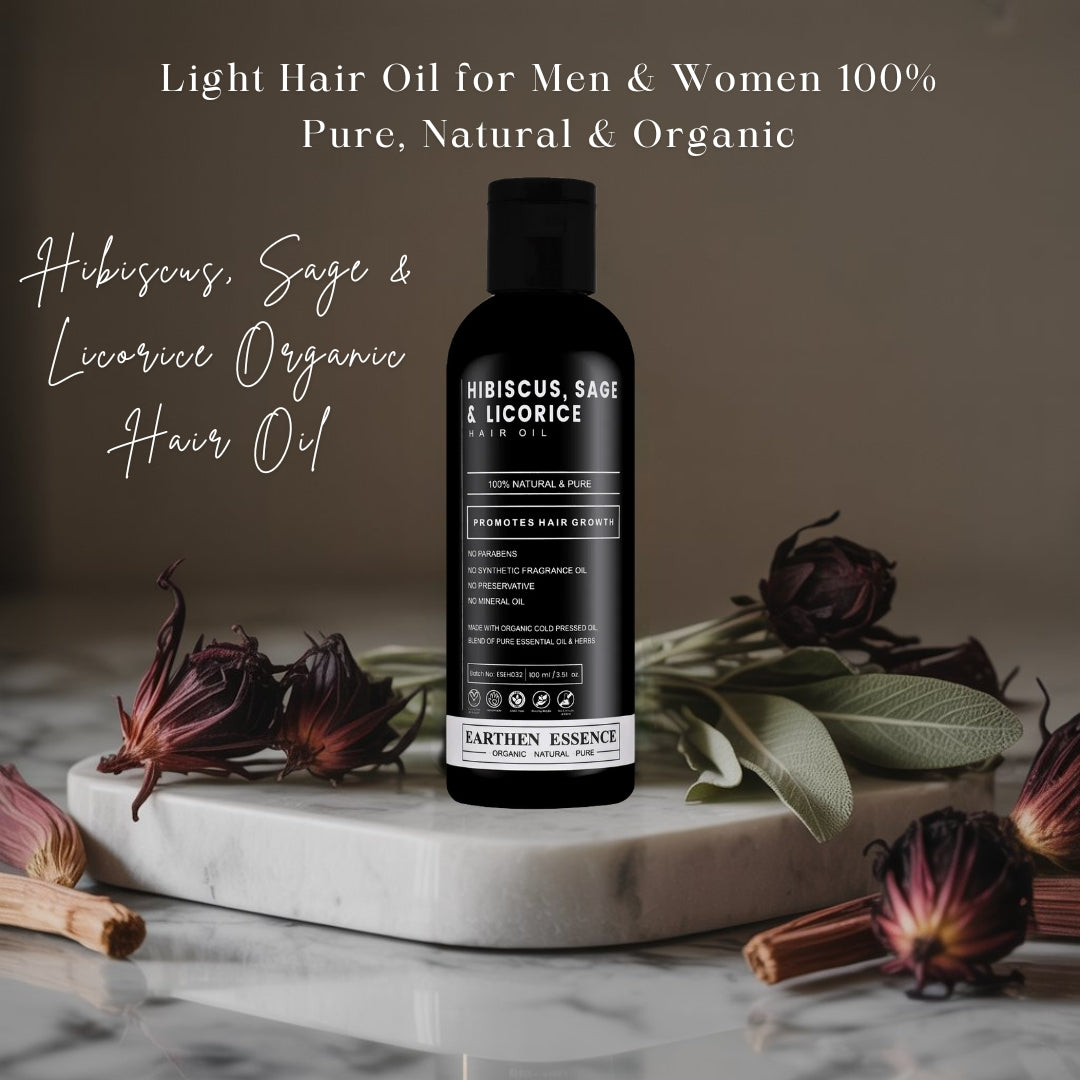 HIBISCUS, SAGE & LICORICE Organic Hair Oil | Hair Oil for Hair growth, Hair fall control, Anti Dandruff & Split ends | Light Hair Oil for Men & Women 100% Pure, Natural & Organic | 100ml