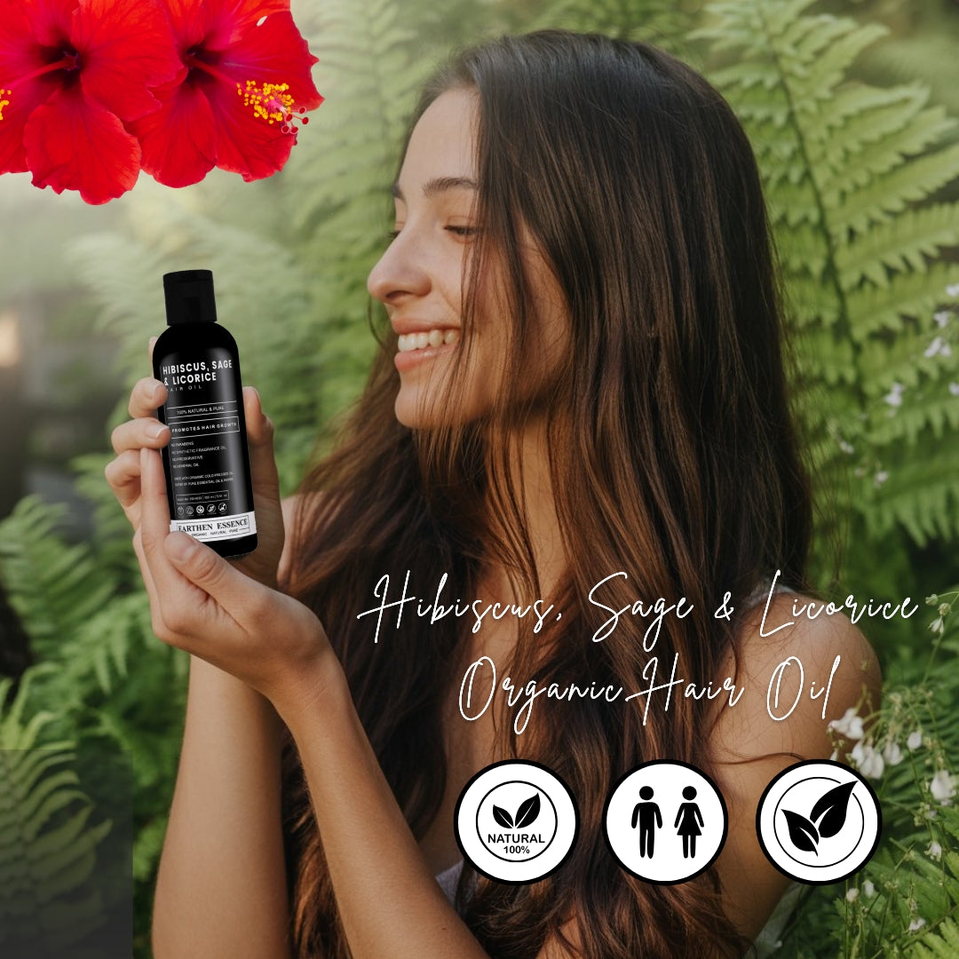HIBISCUS, SAGE & LICORICE Organic Hair Oil | Hair Oil for Hair growth, Hair fall control, Anti Dandruff & Split ends | Light Hair Oil for Men & Women 100% Pure, Natural & Organic | 100ml