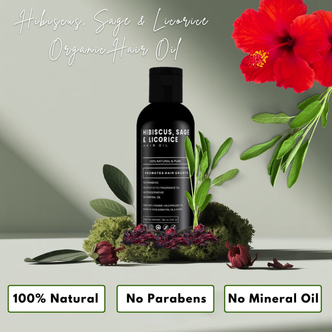HIBISCUS, SAGE & LICORICE Organic Hair Oil | Hair Oil for Hair growth, Hair fall control, Anti Dandruff & Split ends | Light Hair Oil for Men & Women 100% Pure, Natural & Organic | 100ml
