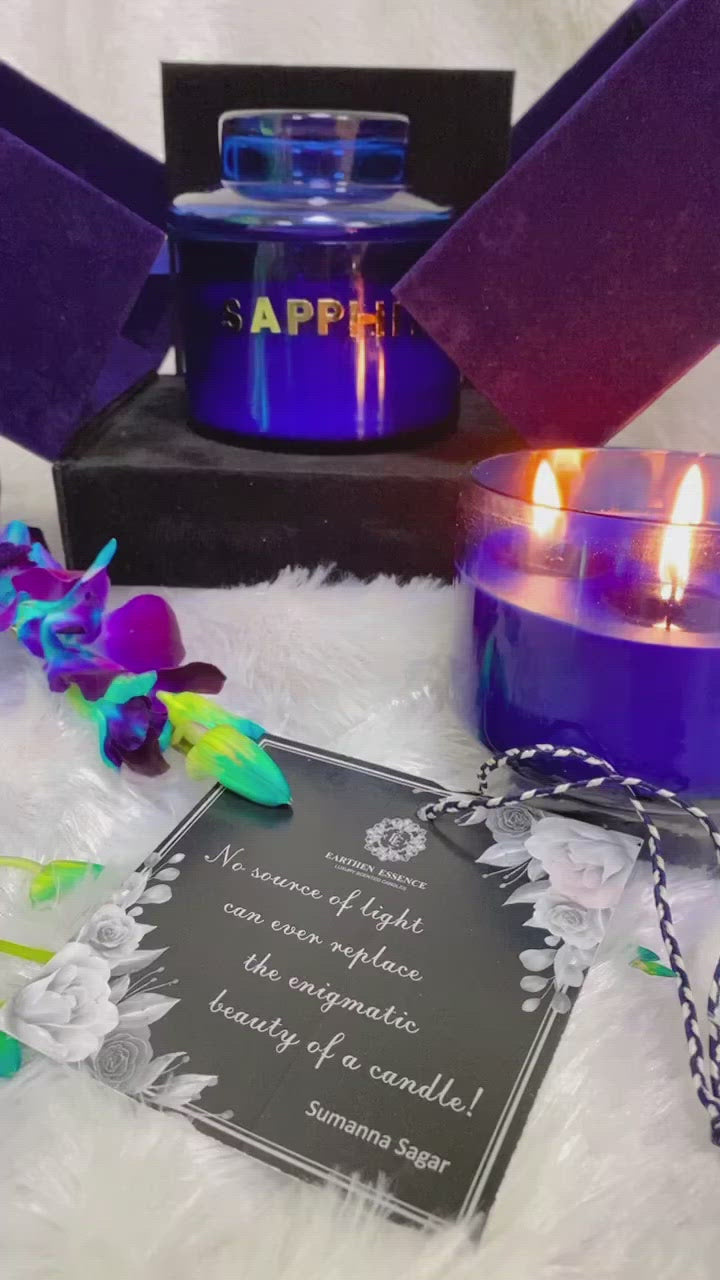 Earthen Essence Luxury Scented Candle SAPPHIRE | Serene Aroma | 100% Natural Soy Wax Eco-friendly | Smokeless & Non-Toxic | Hand poured 3 Wick Lead Free Cotton wick | Re Usable Jar | 380gm