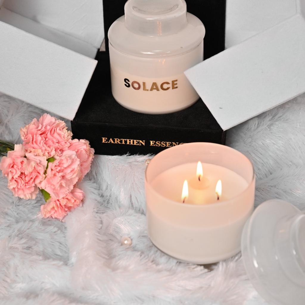Earthen Essence Luxury Scented Candle SOLACE | Serene Aroma | 100% Natural Soy Wax Eco-friendly | Smokeless & Non-Toxic | Hand poured 3 Wick Lead Free Cotton wick | Re Usable Jar | 380gm