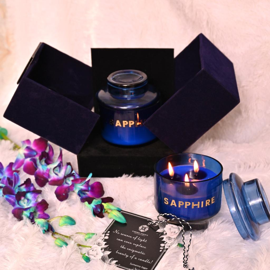 Earthen Essence Luxury Scented Candle SAPPHIRE | Serene Aroma | 100% Natural Soy Wax Eco-friendly | Smokeless & Non-Toxic | Hand poured 3 Wick Lead Free Cotton wick | Re Usable Jar | 380gm
