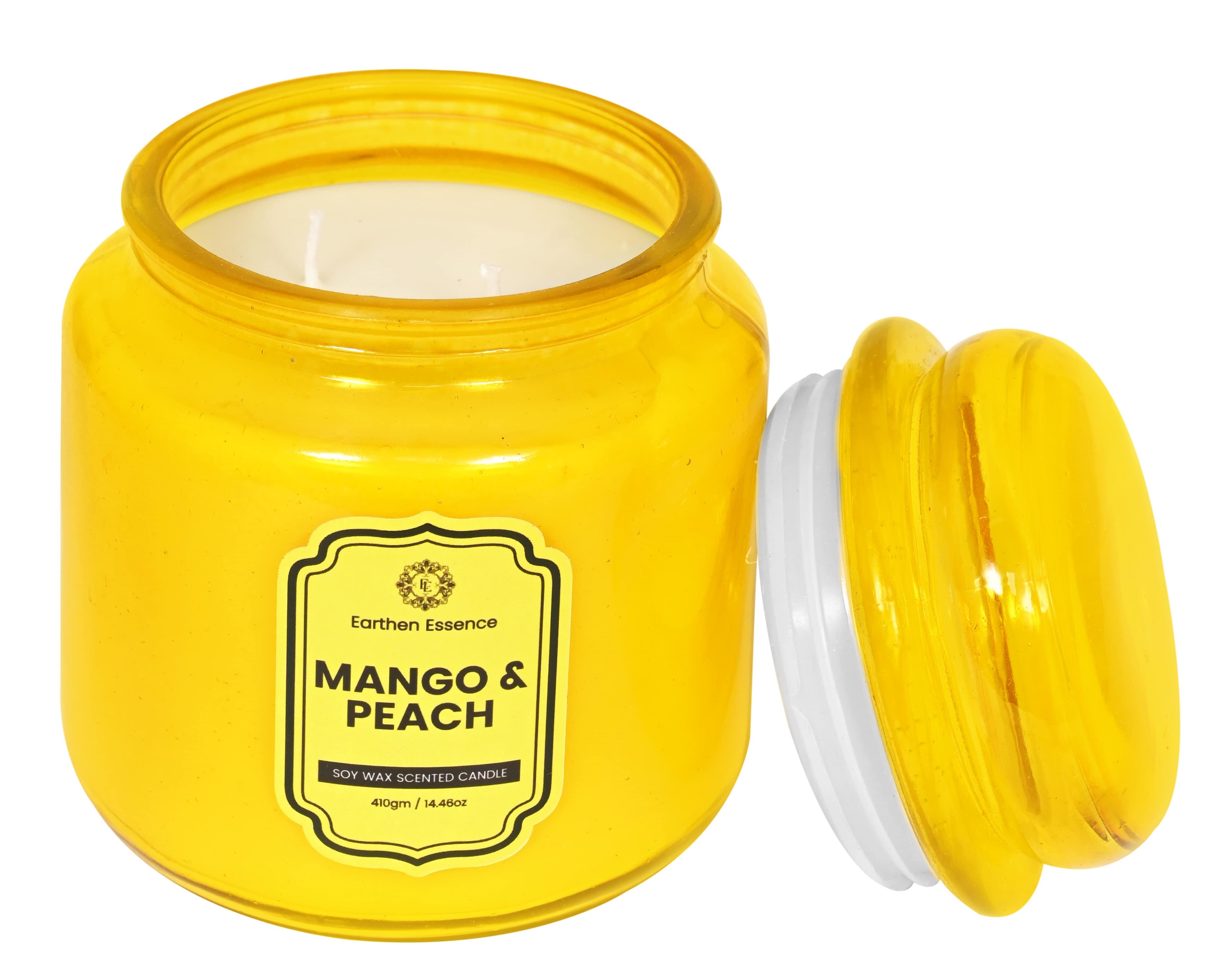 Earthen Essence Yankee Jar Luxury Scented Candle MANGO & PEACH | 100% Natural Soy Wax Eco-friendly | Smokeless & Non-Toxic | Hand poured 3 Wick Lead Free Cotton wick | Re Usable Jar