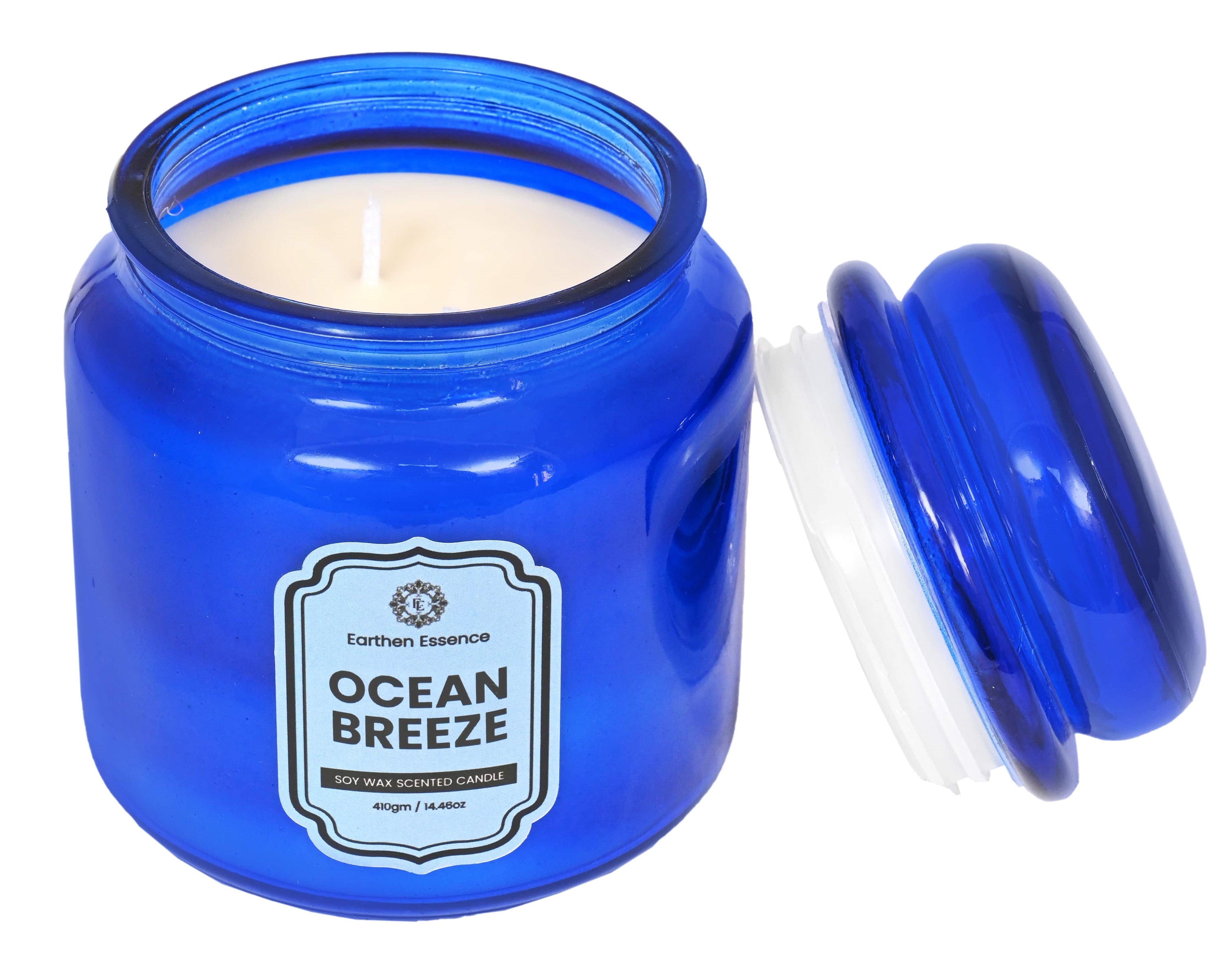 Earthen Essence Yankee Jar Luxury Scented Candle OCEAN BREEZE | 100% Natural Soy Wax Eco-friendly | Smokeless & Non-Toxic | Hand poured 3 Wick Lead Free Cotton wick | Re Usable Jar