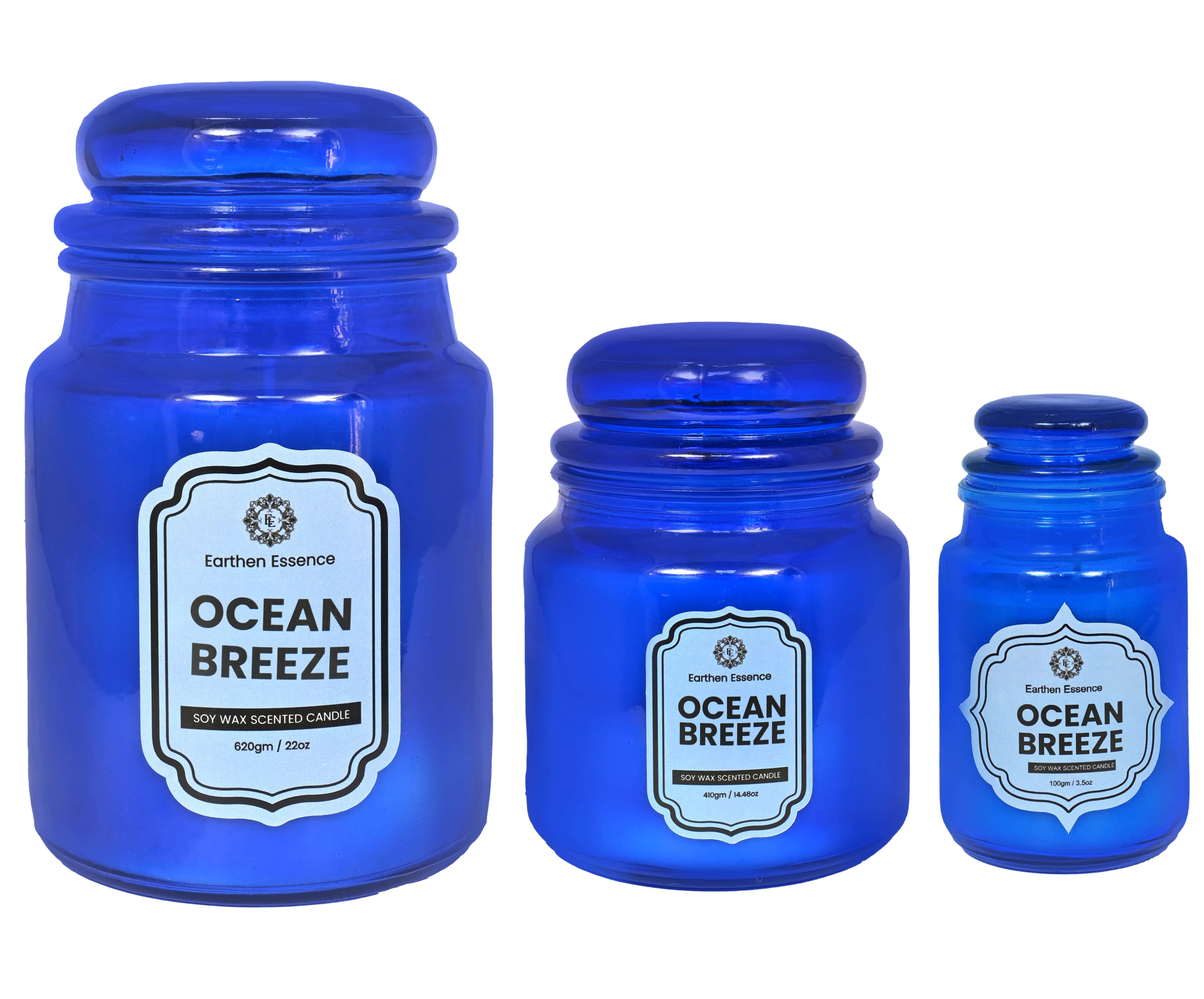 Earthen Essence Yankee Jar Luxury Scented Candle OCEAN BREEZE | 100% Natural Soy Wax Eco-friendly | Smokeless & Non-Toxic | Hand poured 3 Wick Lead Free Cotton wick | Re Usable Jar