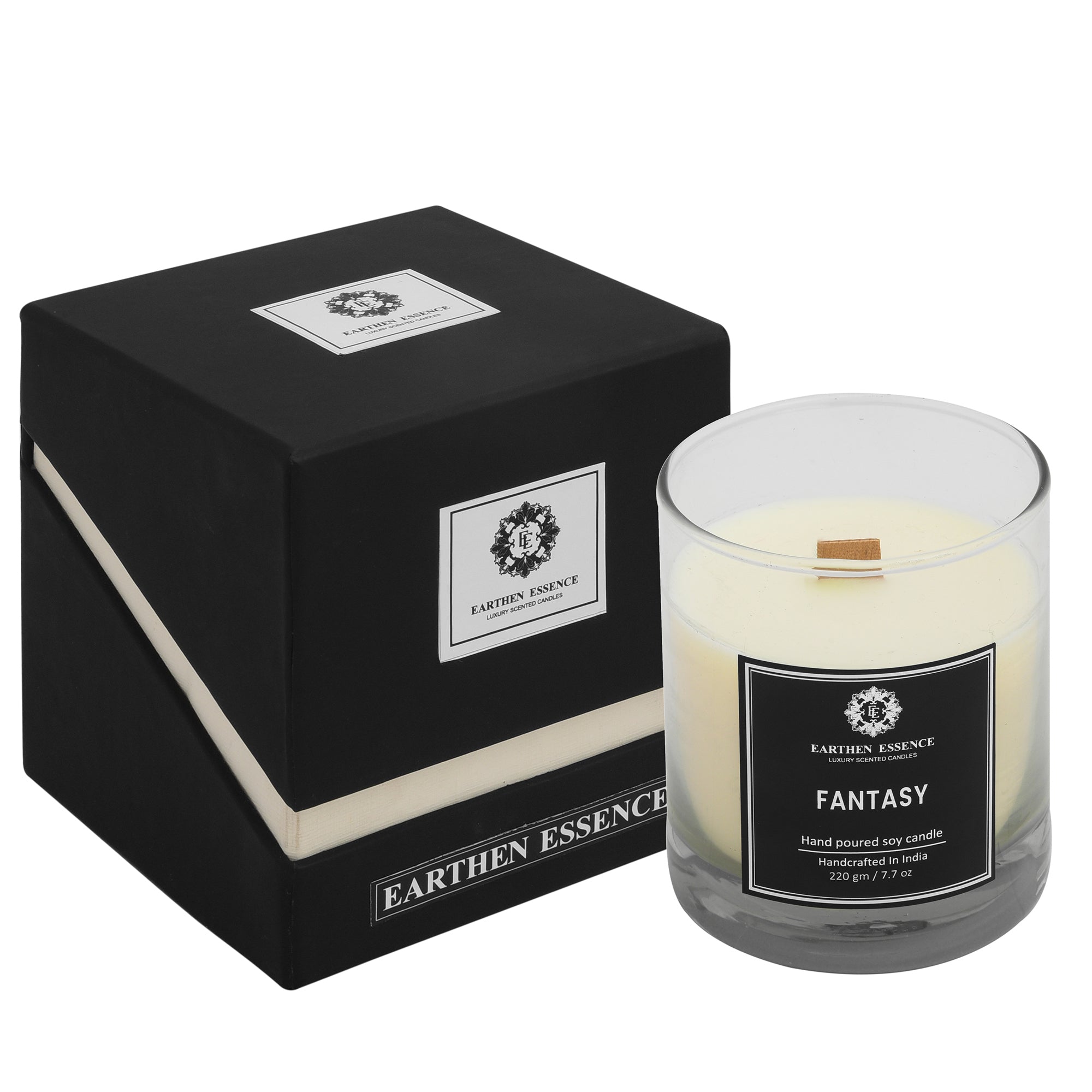 Earthen Essence FANTASY Luxury Scented Candle | 100% Natural Soy Wax  With Wooden Wick | Smokeless & Non-Toxic Candles | 220gm