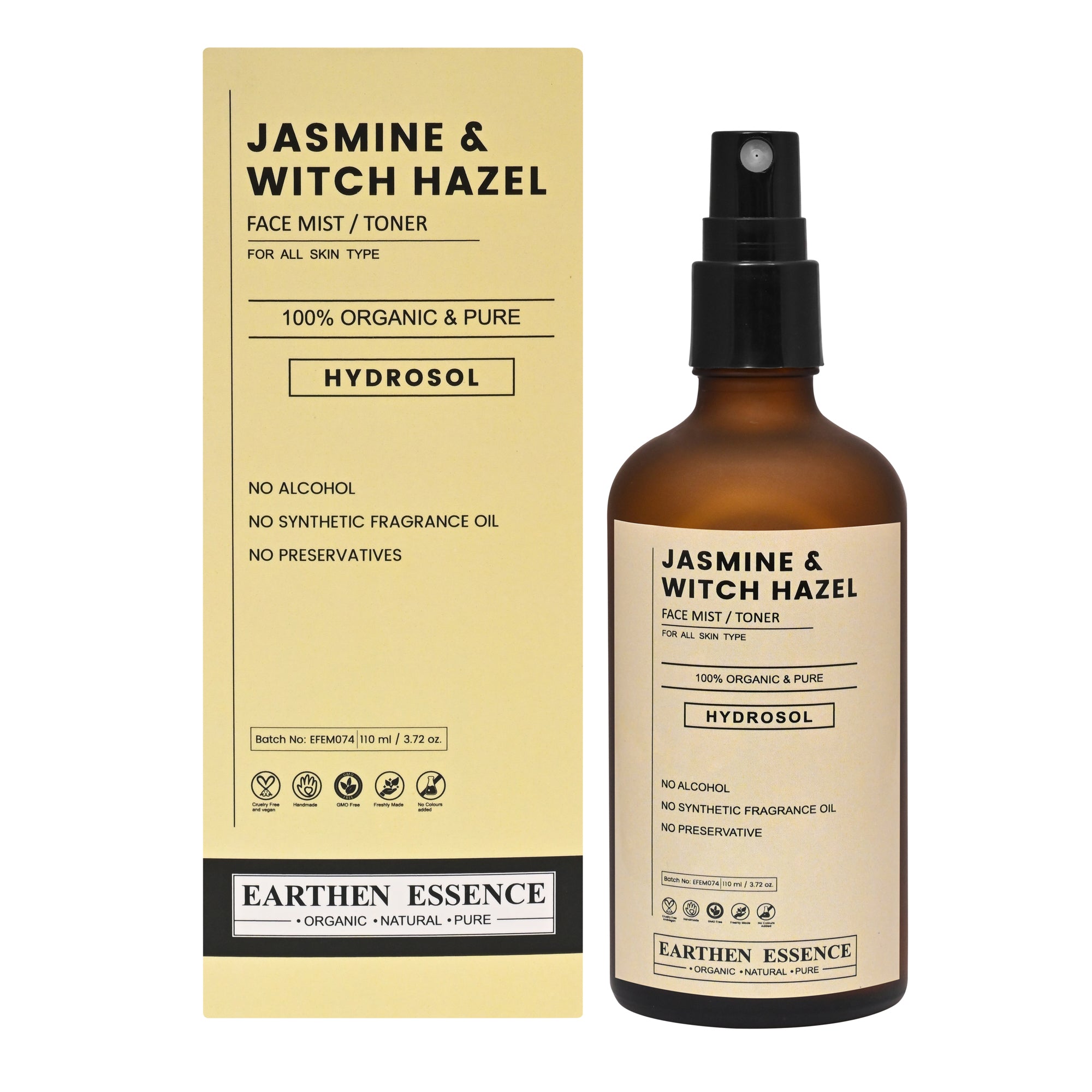 Earthen Essence JASMINE & WHITCH HAZEL Organic Face Mist / Toner | Pure Hydrosol | Hydrating & Alcohol-Free | Skin Brightening | Tightens Pores, Balances pH | For All Skin Types | 100ml