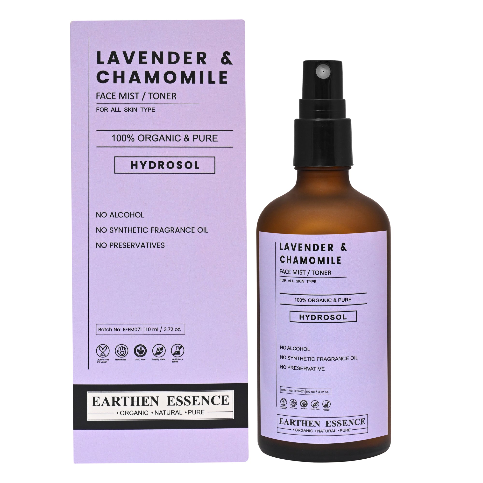 Earthen Essence LAVENDER & CHAMOMILE Face Mist / Toner | Pure Hydrosol | Hydrating & Alcohol-Free | Skin Brightening | Tightens Pores, Balances pH | For All Skin Types | 100ml