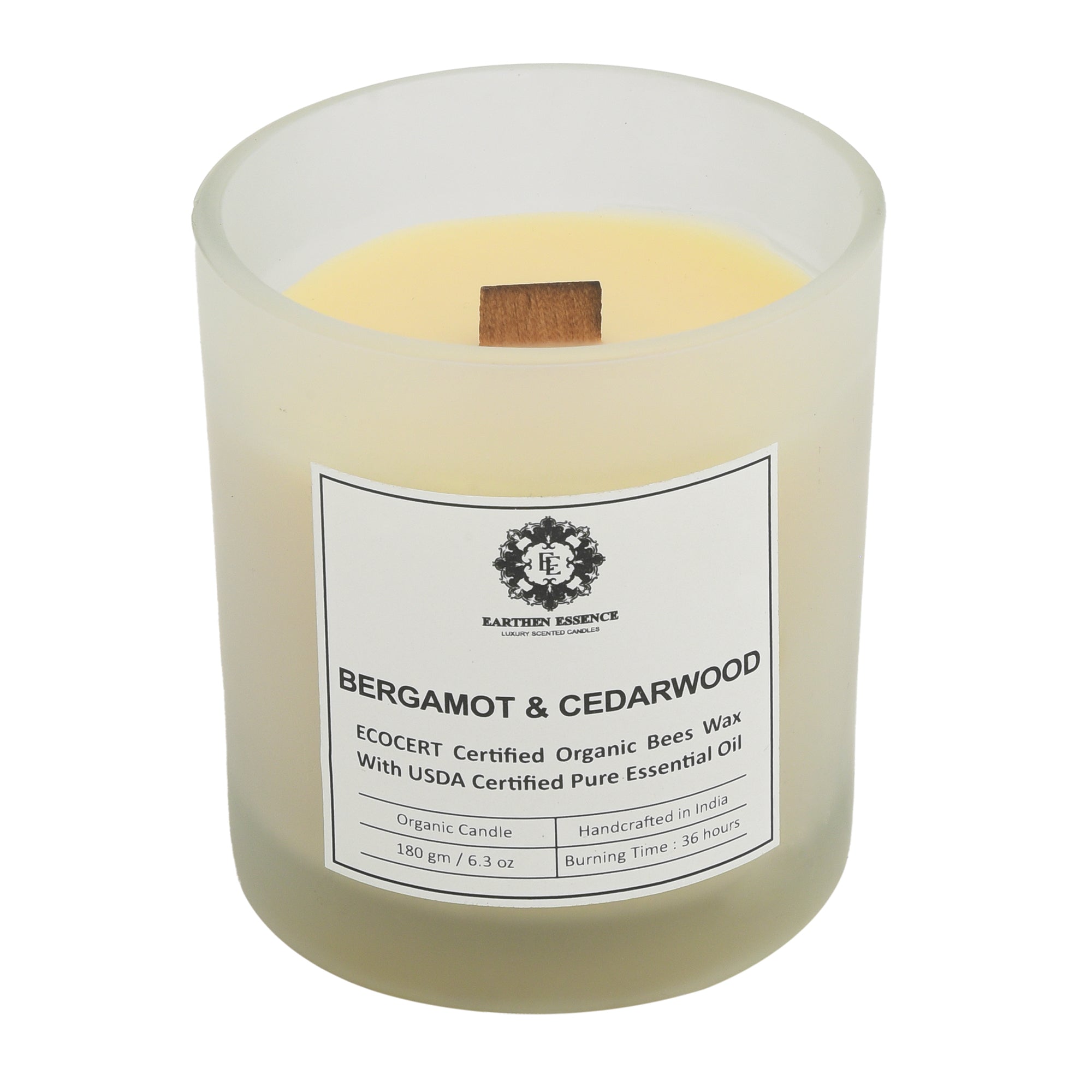 Organic Ecocert Certified Beeswax Candle With BERGAMOT & CEDARWOOD Essential oil | Clean Burning With Wooden Wick | Smokeless & Non-Toxic Candles | 180gm