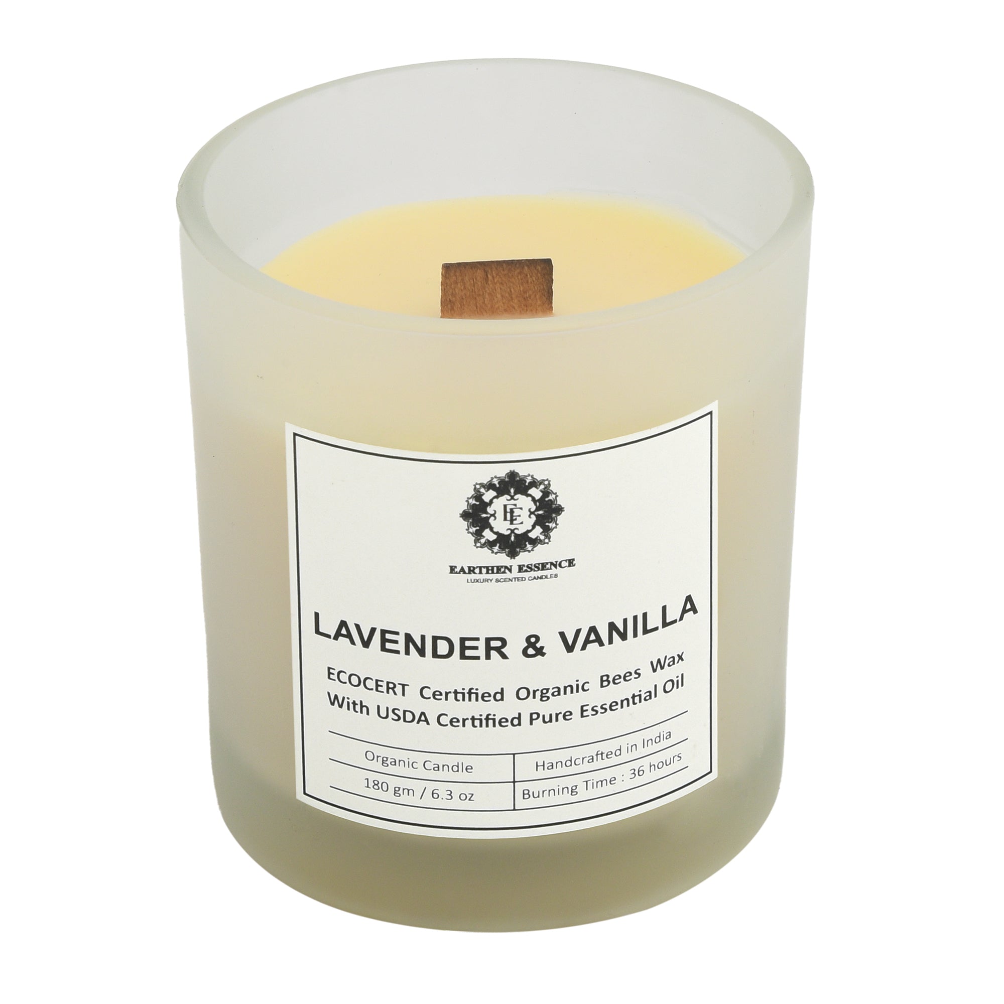 Organic Ecocert Certified Beeswax Candle With LAVENDER & VANILLA Essential oil | Clean Burning With Wooden Wick | Smokeless & Non-Toxic Candles | 180gm