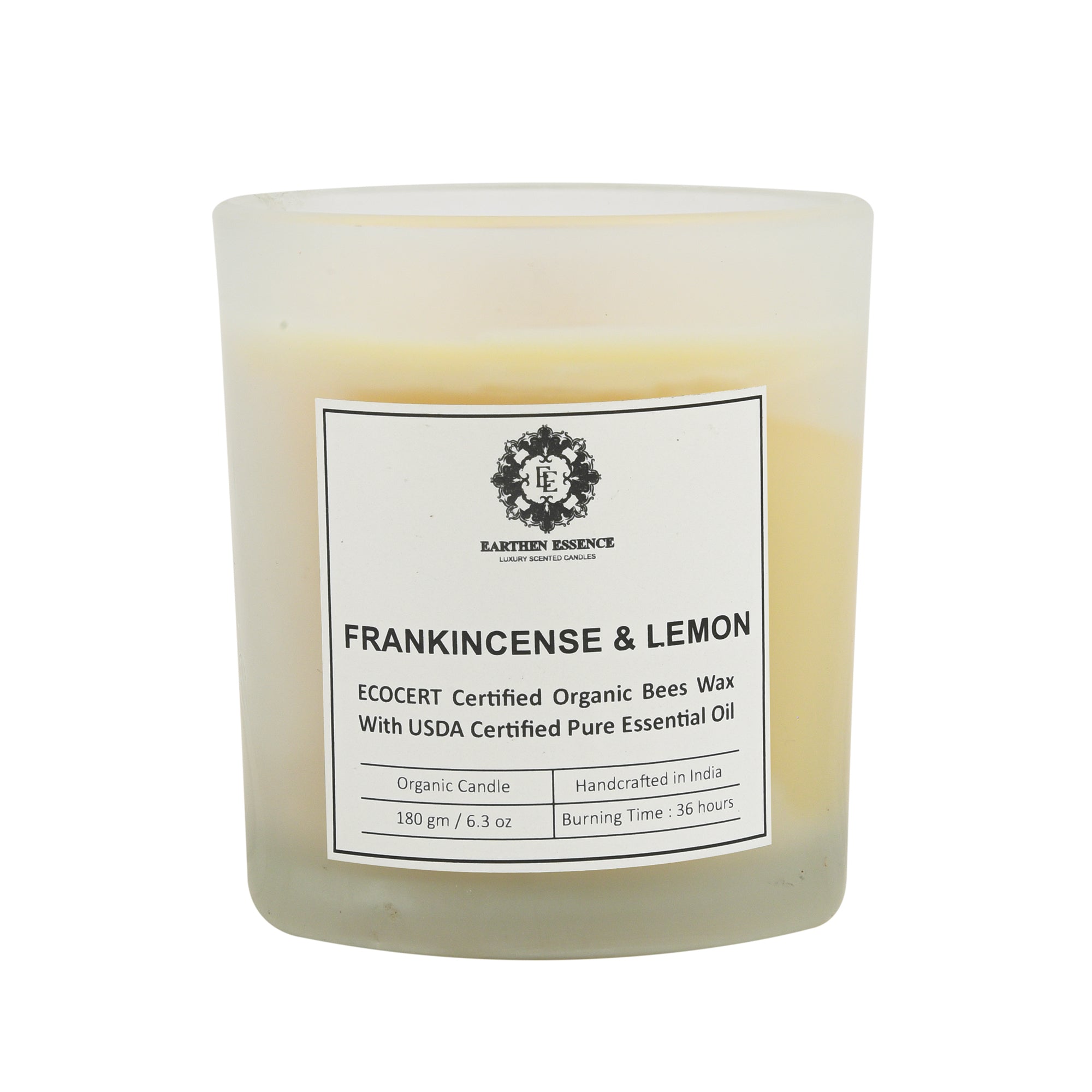 Organic Ecocert Certified Beeswax Candle With FRANKINCENSE & LEMON Essential oil | Clean Burning With Wooden Wick | Smokeless & Non-Toxic Candles | 180gm