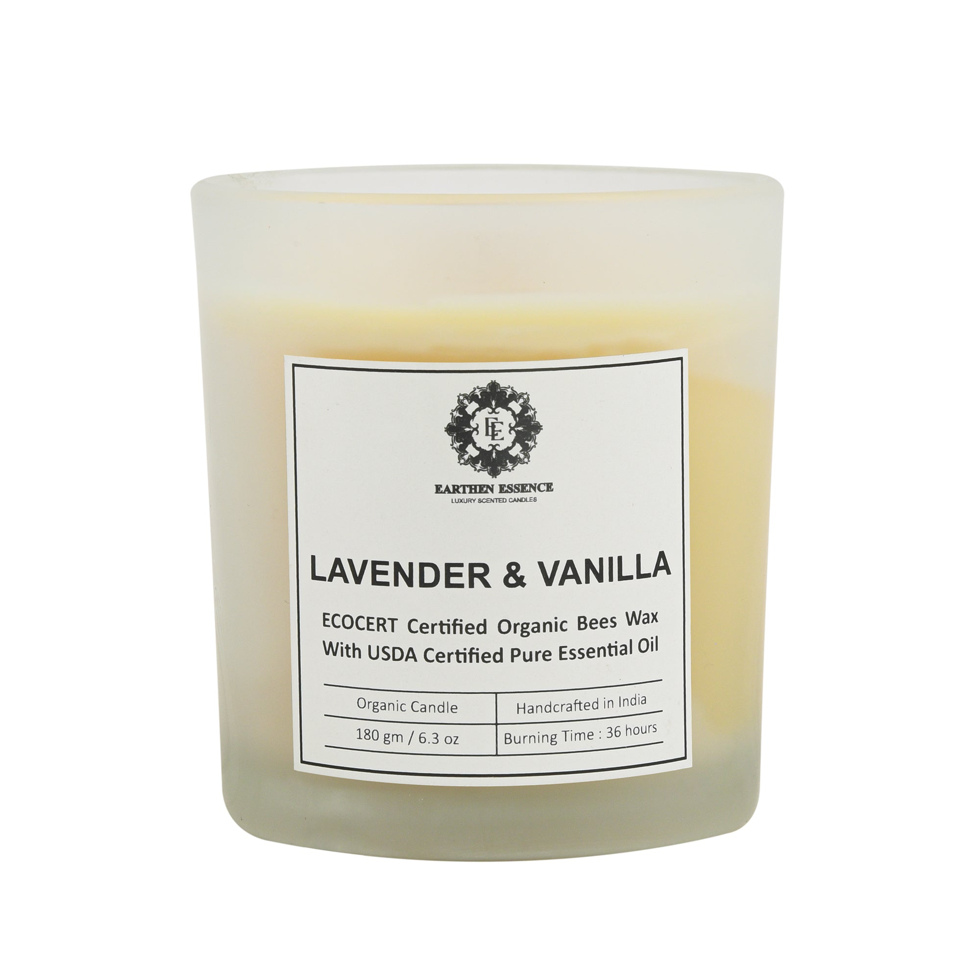 Organic Ecocert Certified Beeswax Candle With LAVENDER & VANILLA Essential oil | Clean Burning With Wooden Wick | Smokeless & Non-Toxic Candles | 180gm