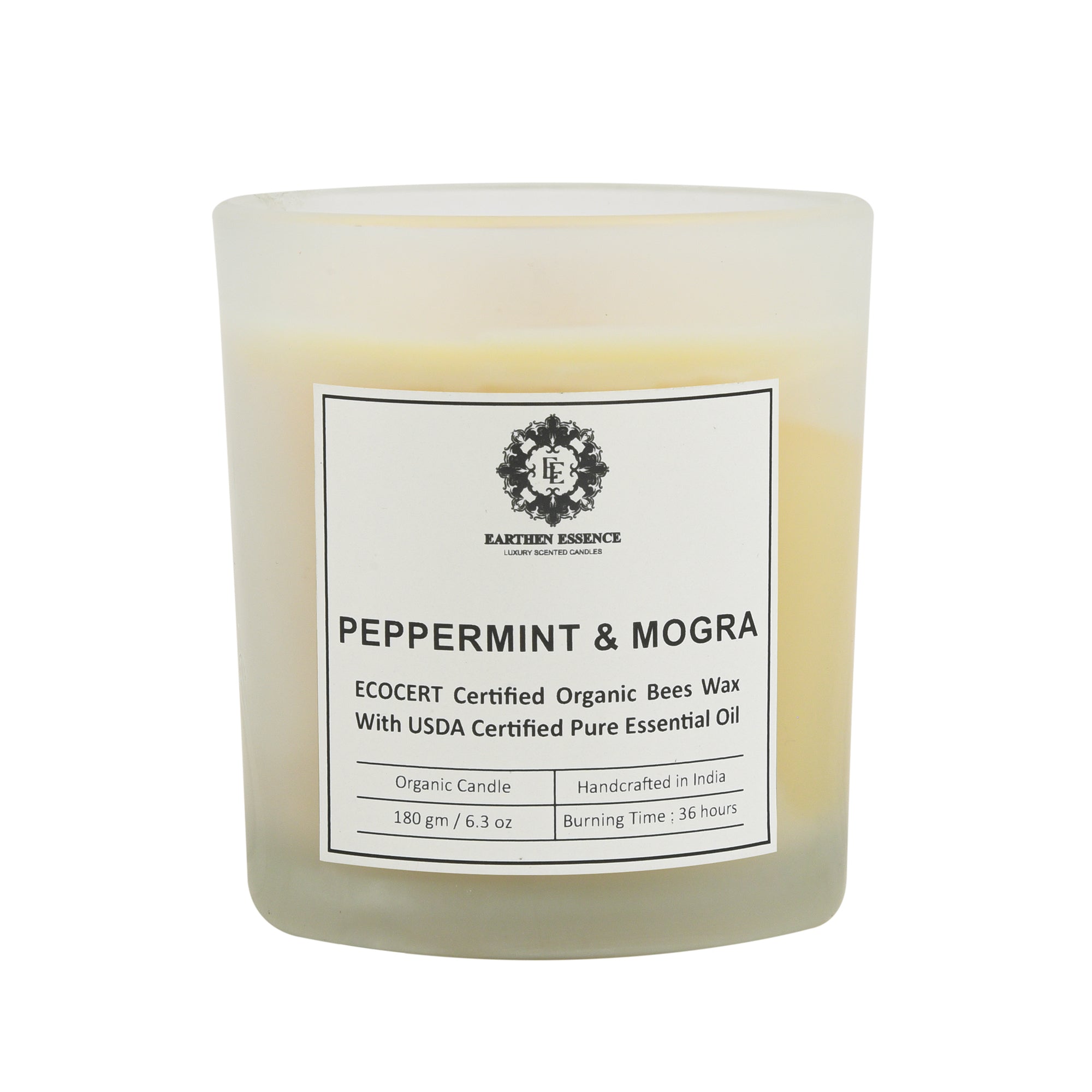 Organic Ecocert Certified Beeswax Candle With PEPPERMINT & MOGRA Essential oil | Clean Burning With Wooden Wick | Smokeless & Non-Toxic Candles | 180gm