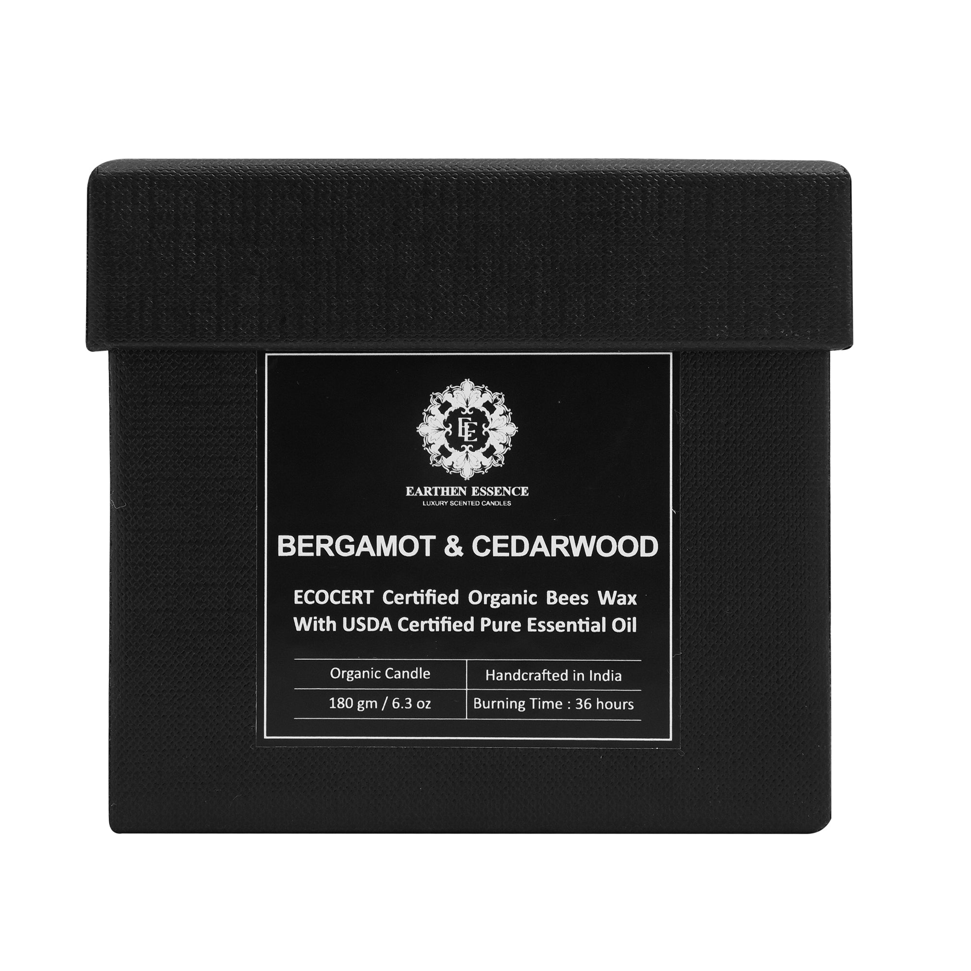 Organic Ecocert Certified Beeswax Candle With BERGAMOT & CEDARWOOD Essential oil | Clean Burning With Wooden Wick | Smokeless & Non-Toxic Candles | 180gm