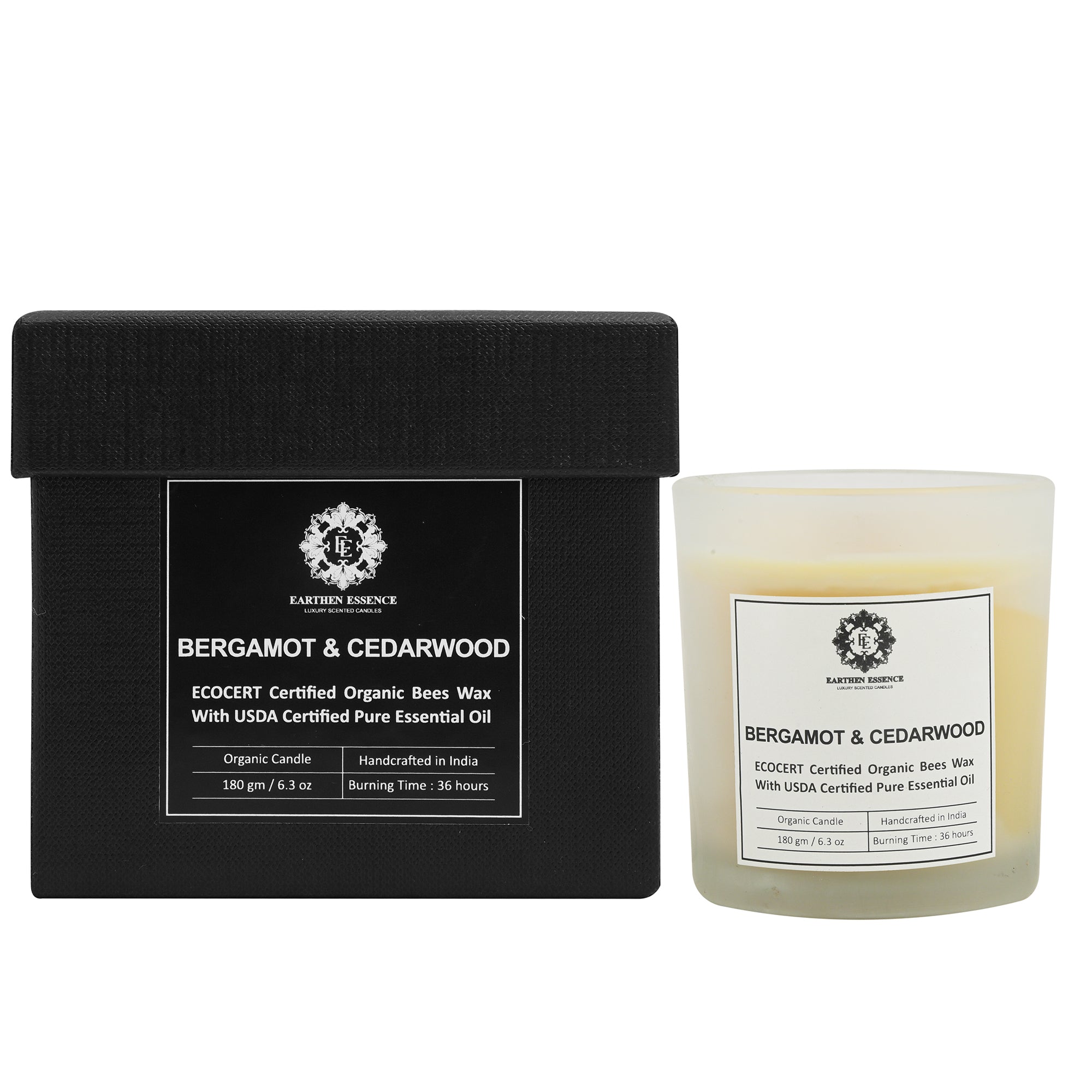 Organic Ecocert Certified Beeswax Candle With BERGAMOT & CEDARWOOD Essential oil | Clean Burning With Wooden Wick | Smokeless & Non-Toxic Candles | 180gm
