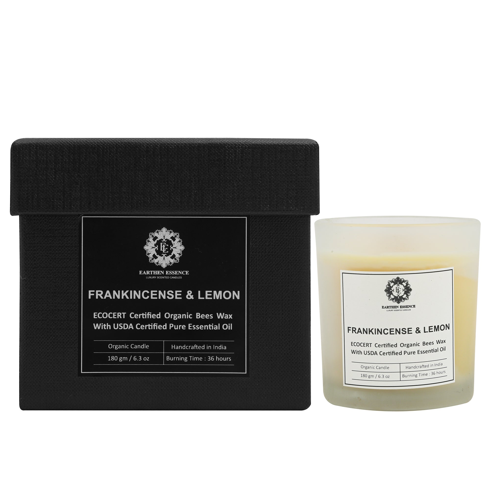 Organic Ecocert Certified Beeswax Candle With FRANKINCENSE & LEMON Essential oil | Clean Burning With Wooden Wick | Smokeless & Non-Toxic Candles | 180gm