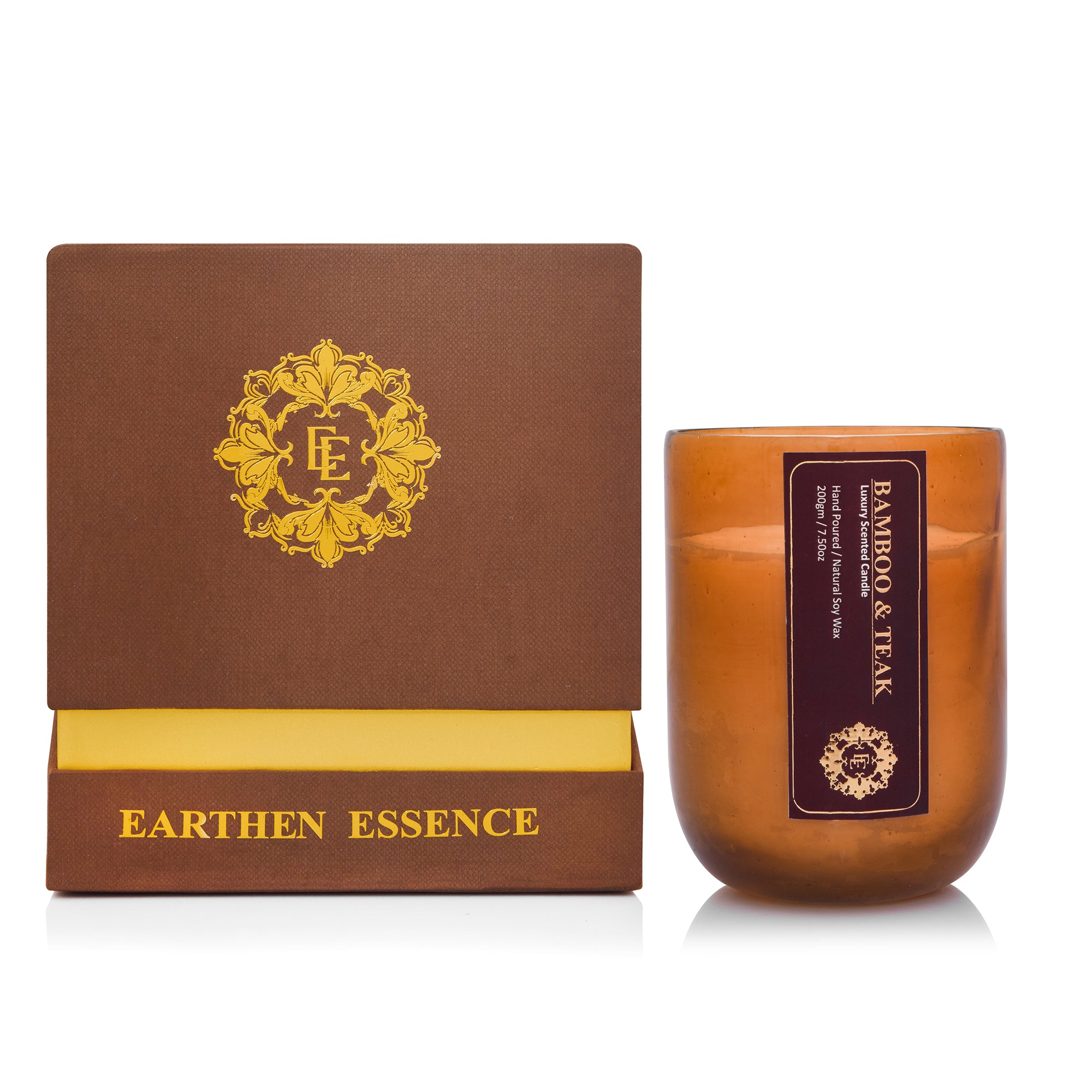 Earthen Essence Amber Jar Luxury Scented Candle BAMBOO & TEAK | 100% Natural Soy Wax Eco-friendly | Smokeless & Non-Toxic | Hand poured 3 Wick Lead Free Cotton wick | 220gm