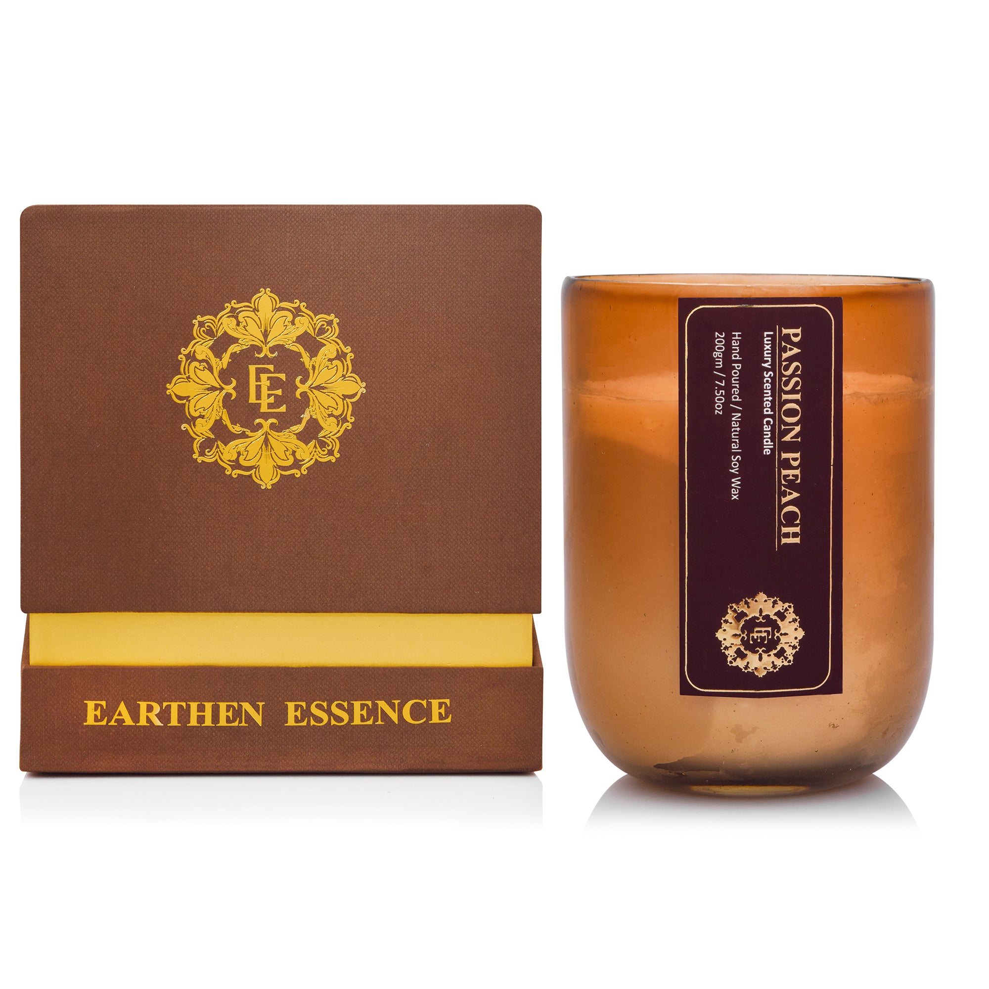 Earthen Essence Amber Jar Luxury Scented Candle PASSION PEACH | 100% Natural Soy Wax Eco-friendly | Smokeless & Non-Toxic | Hand poured 3 Wick Lead Free Cotton wick | 220gm